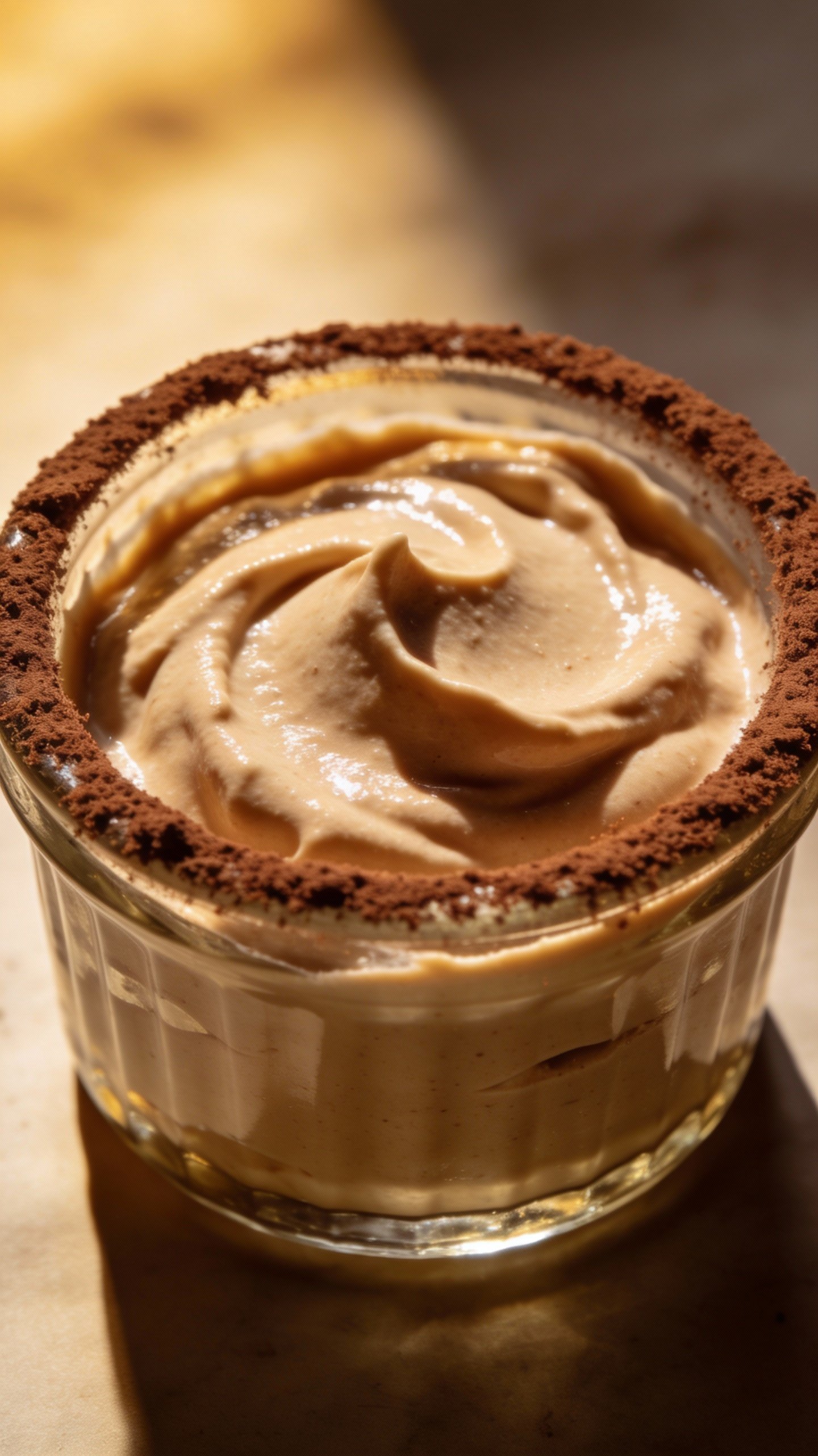 single glass ramekin of keto mousse, cocoa-dusted rim