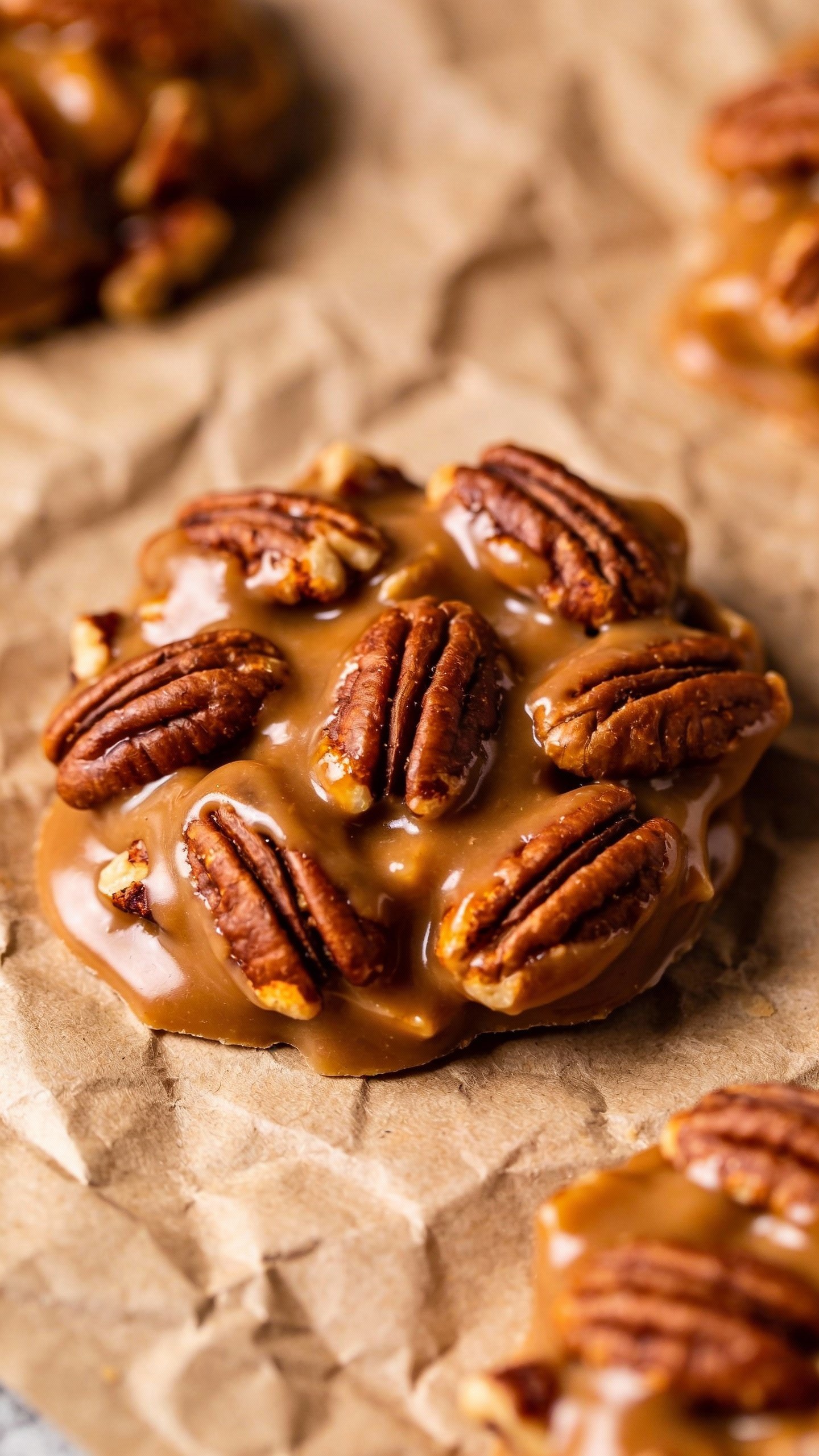 closeup keto caramel pecan cluster on parchment