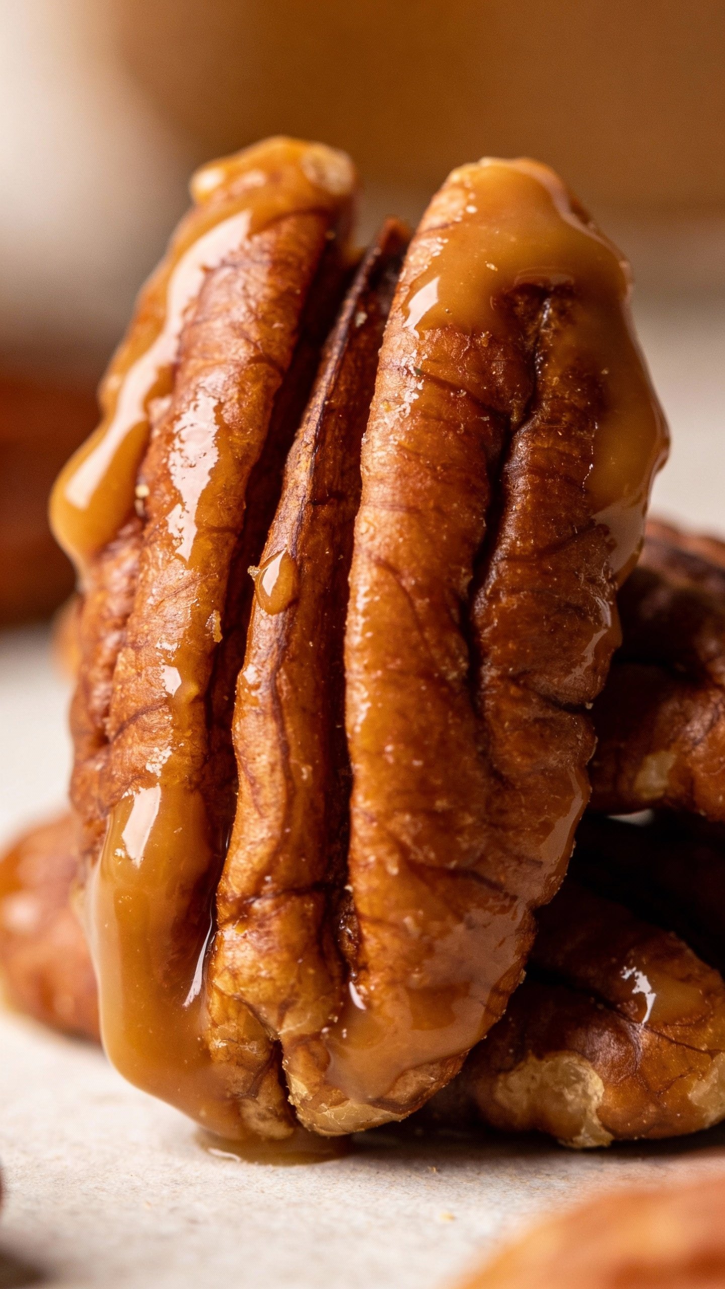 macro shot of toasted pecan half coated in keto caramel
