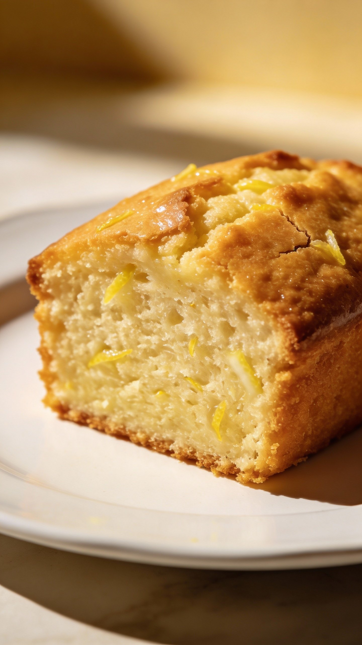 closeup slice of keto lemon pound cake on white plate