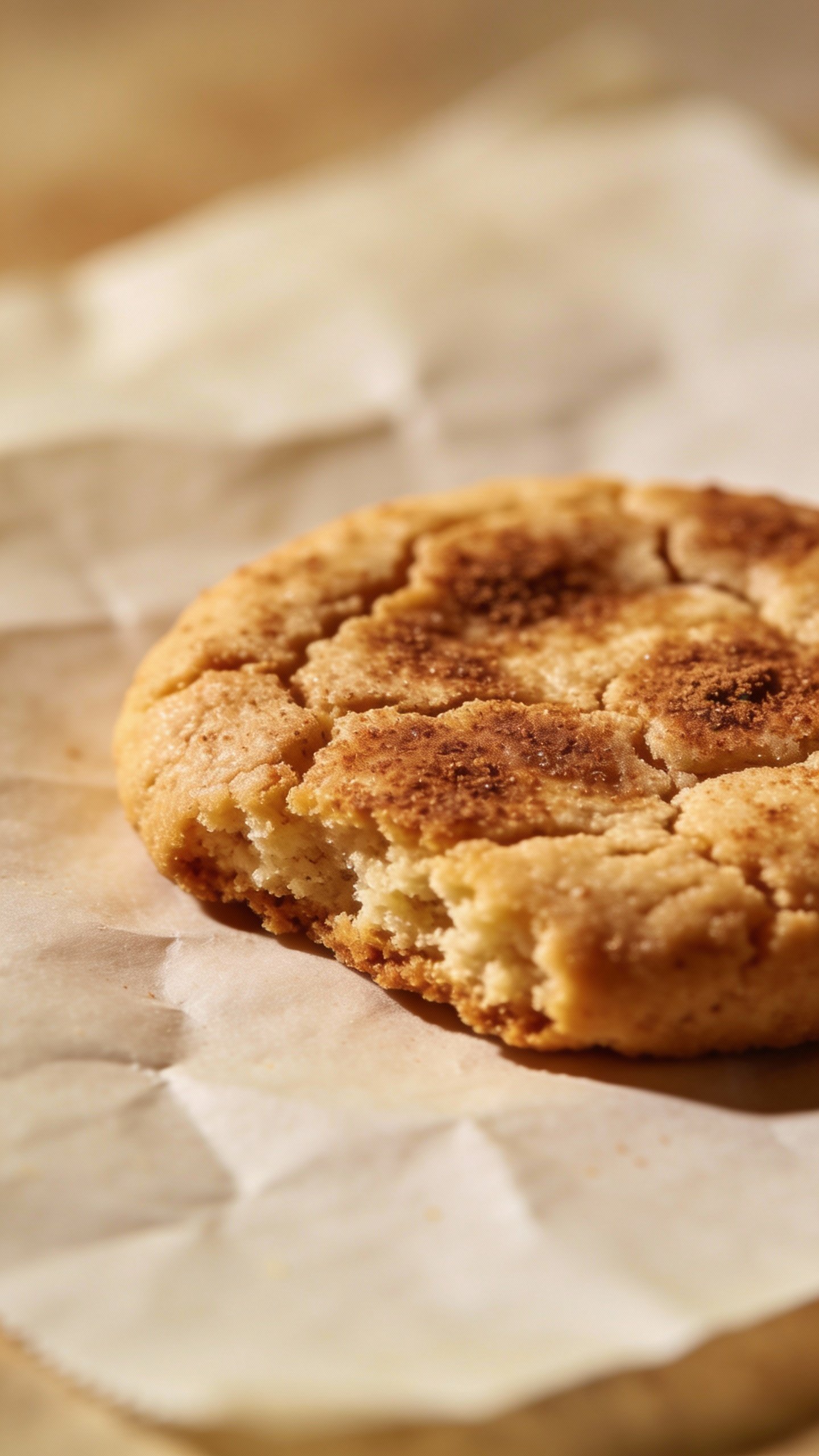 single keto snickerdoodle on parchment, crackled cinnamon coating
