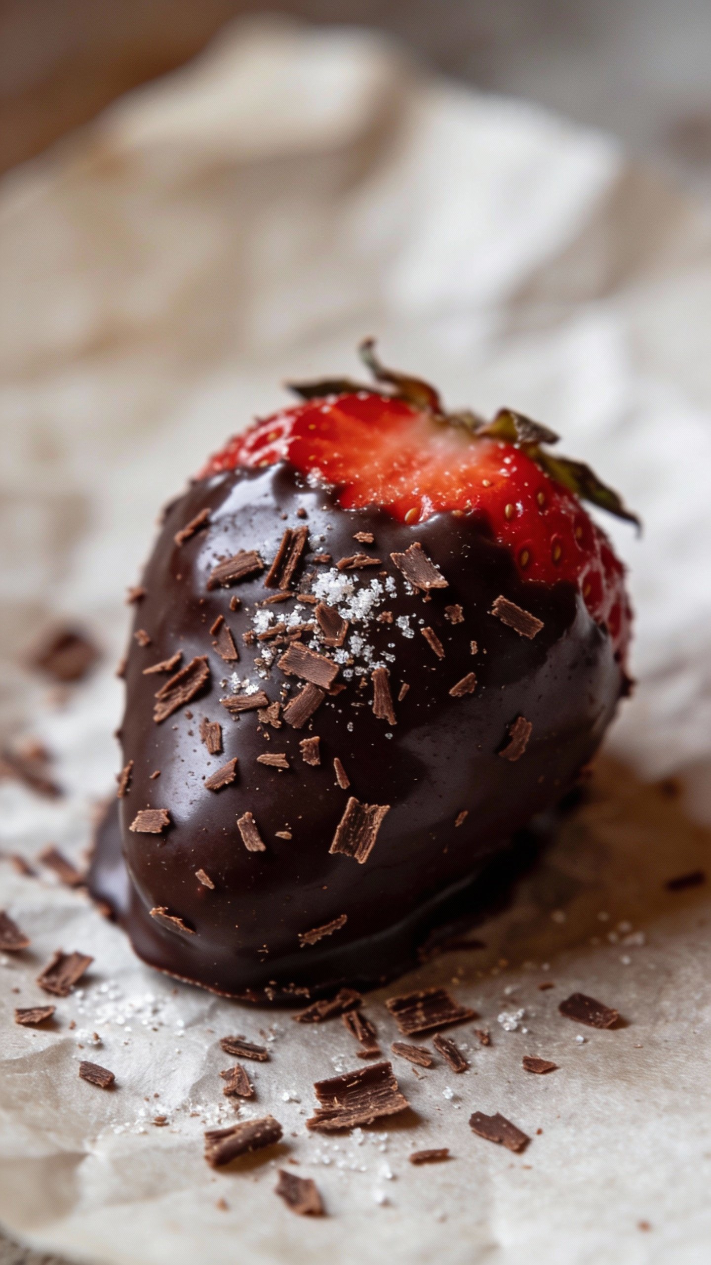 closeup single keto chocolate-covered strawberry on parchment