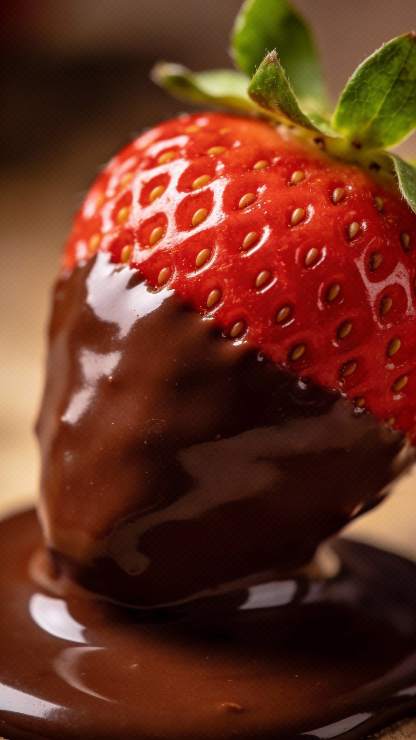 macro shot glossy sugar-free chocolate dip on one strawberry