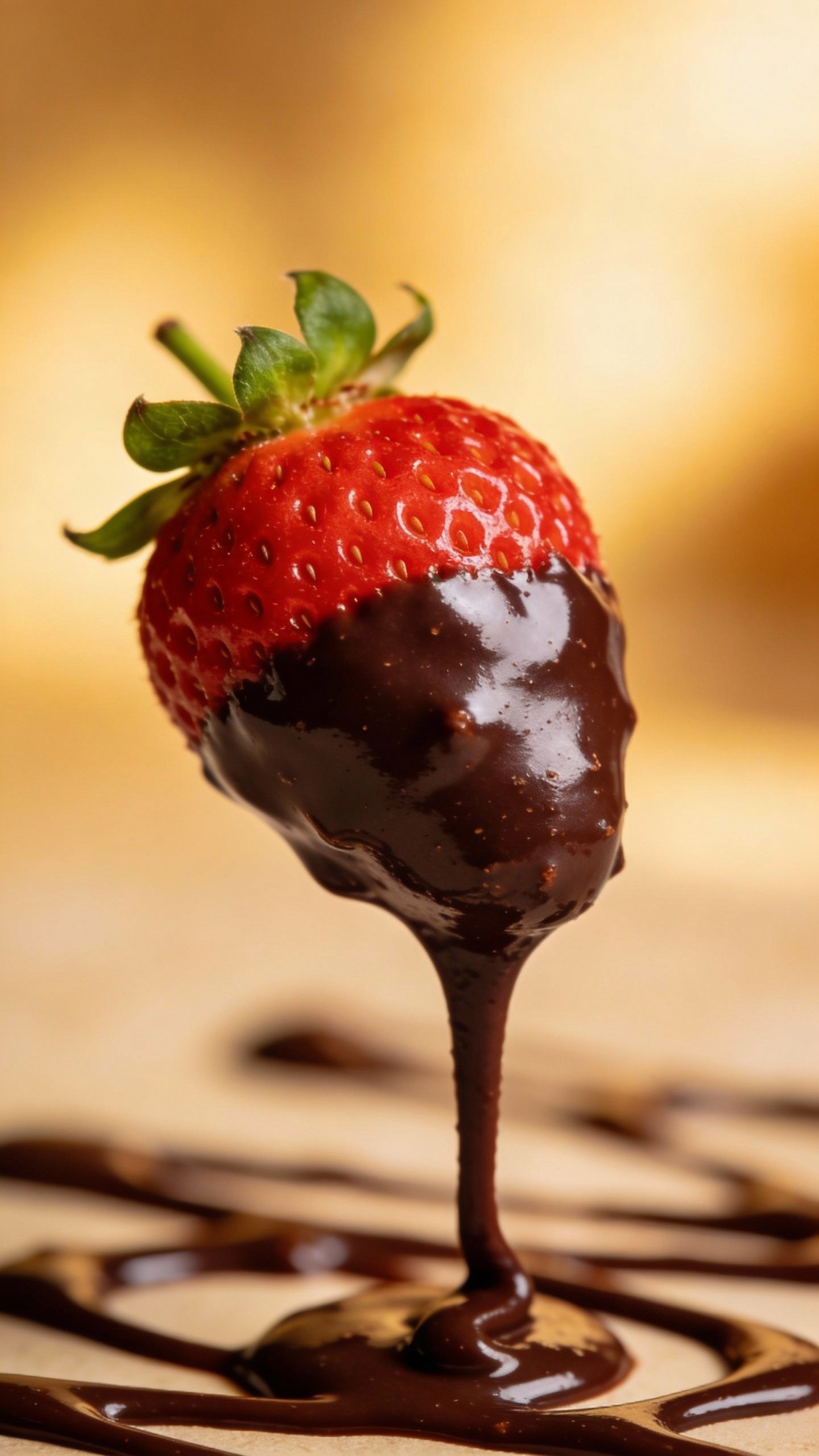 single fresh strawberry half-dipped in dark keto chocolate