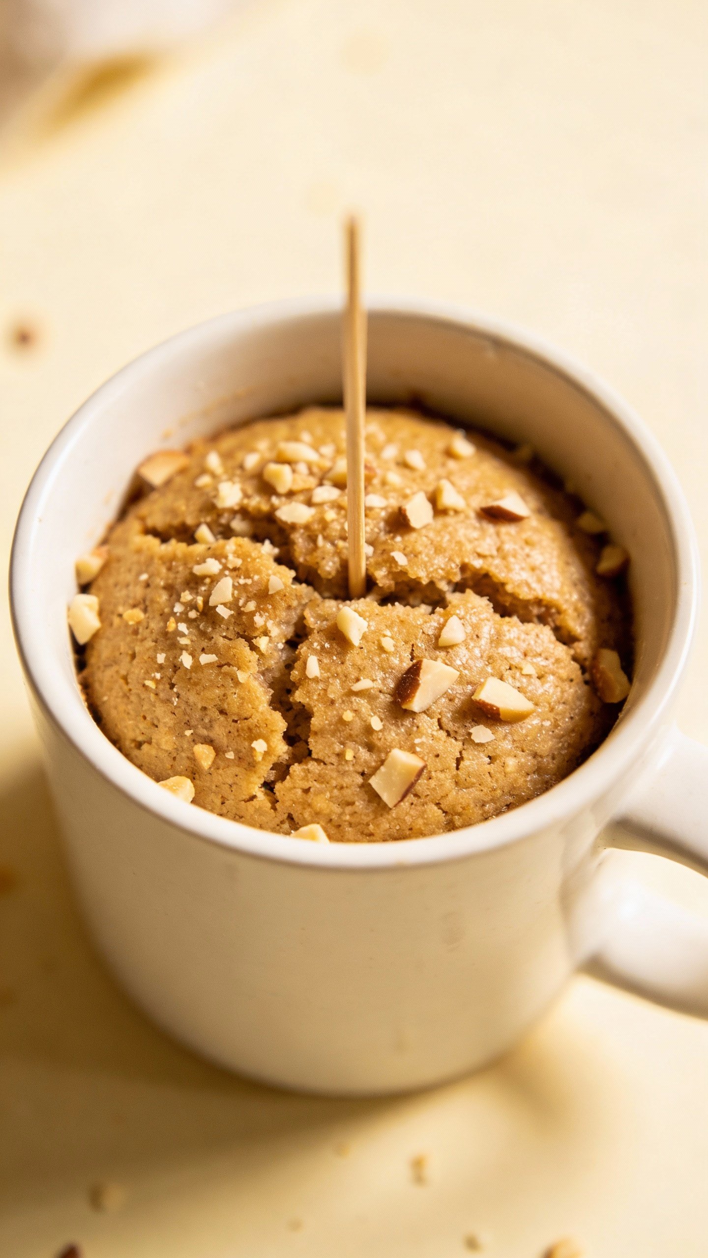 closeup keto almond flour mug cake in white ceramic mug