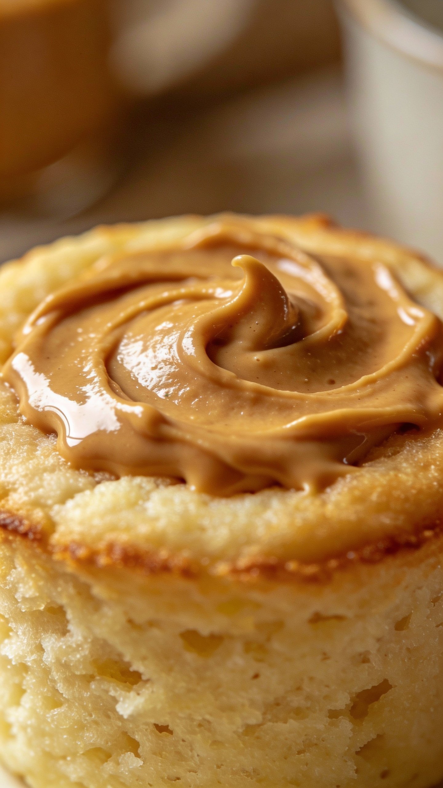 vanilla keto mug cake topped with peanut butter swirl, closeup