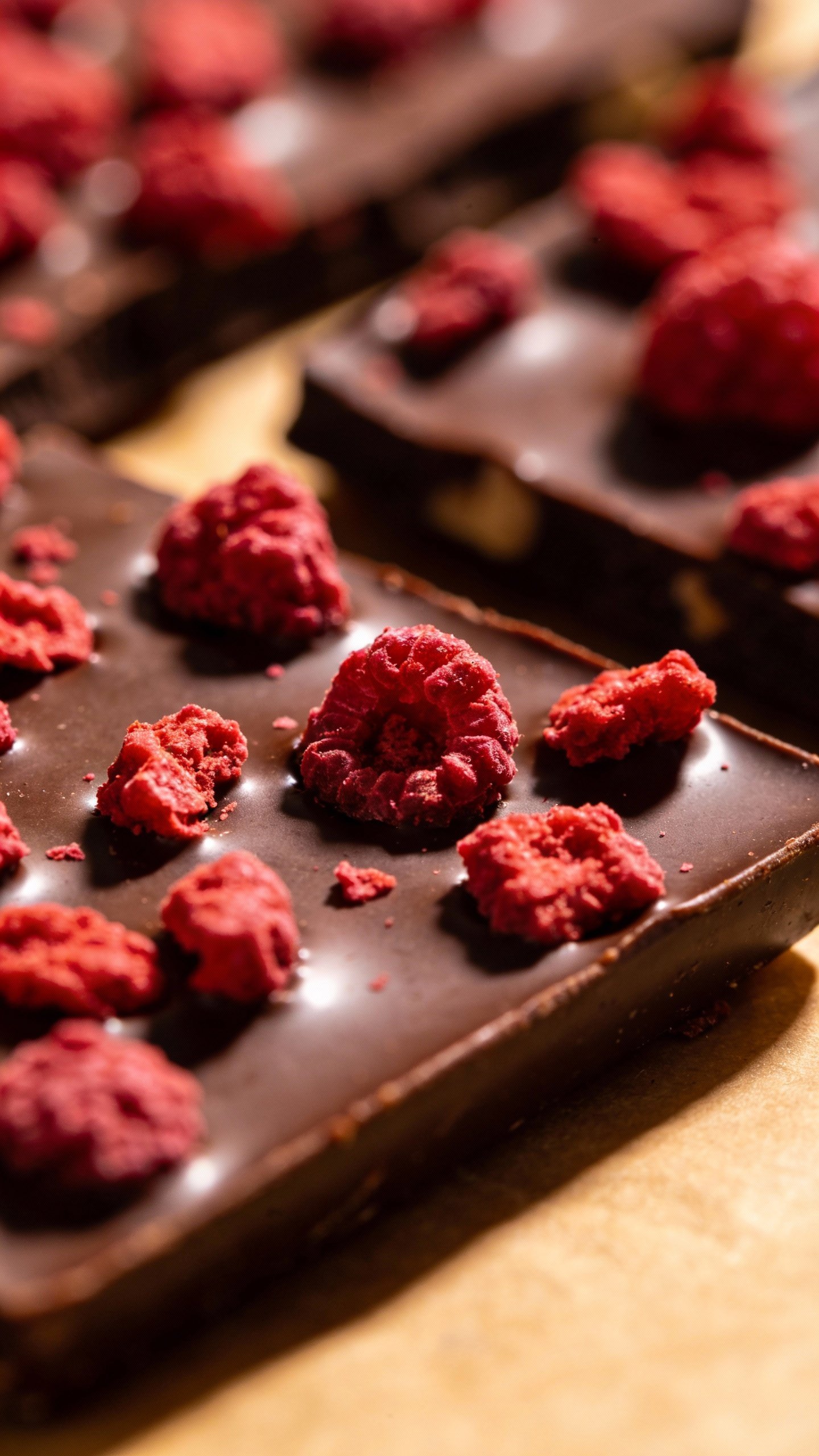 keto dark chocolate bark with freeze-dried raspberries, closeup