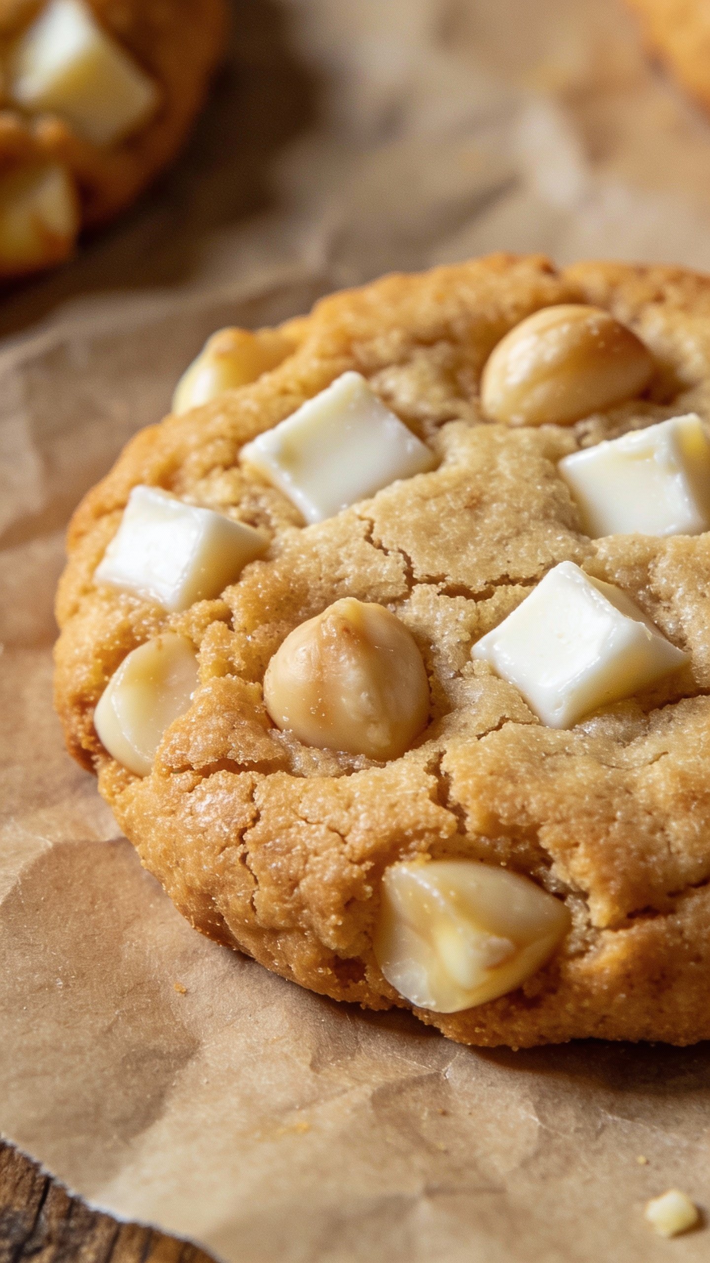 closeup keto white chocolate macadamia cookie on parchment