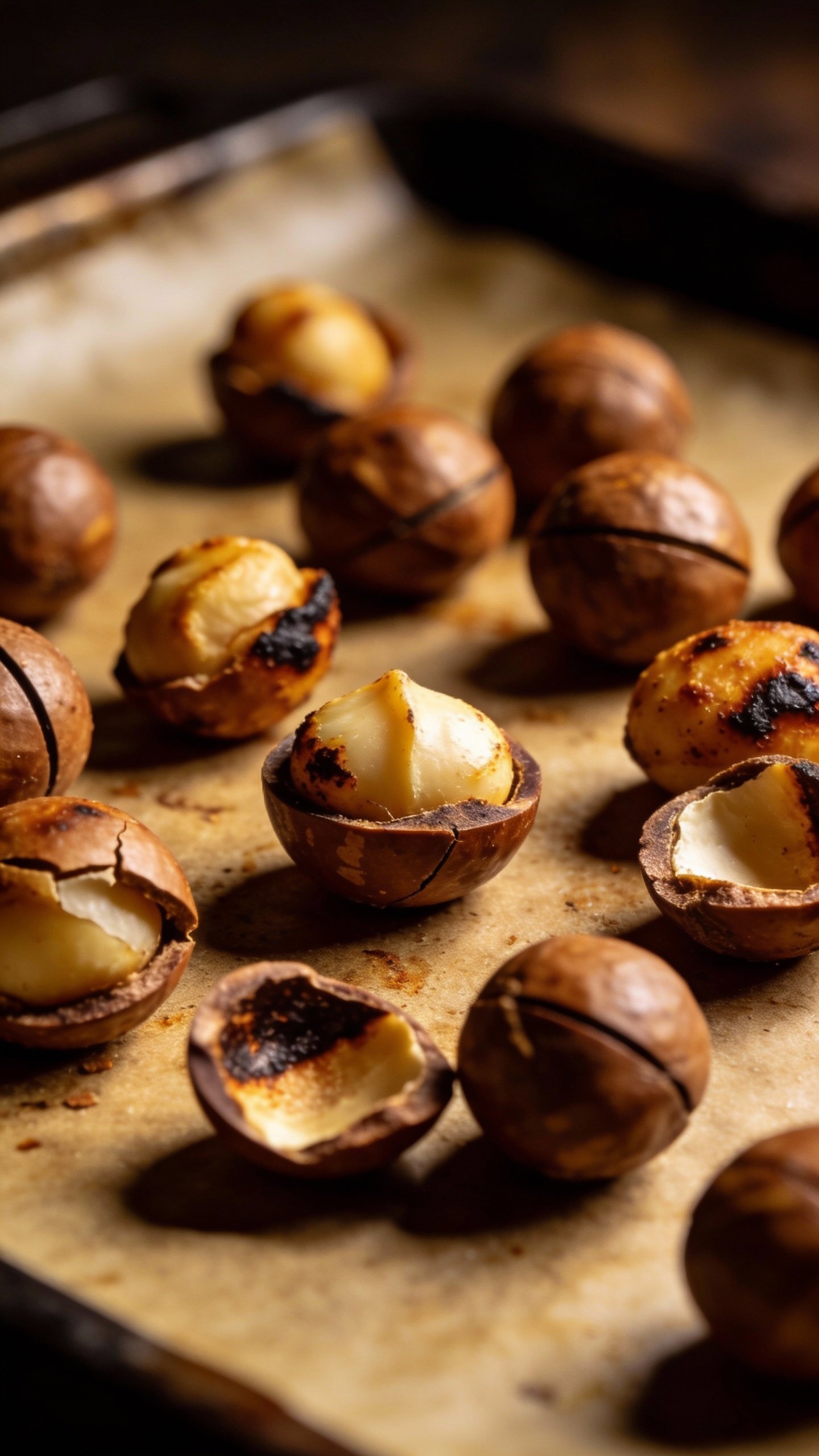 roasted macadamia nuts on baking sheet, dramatic side light