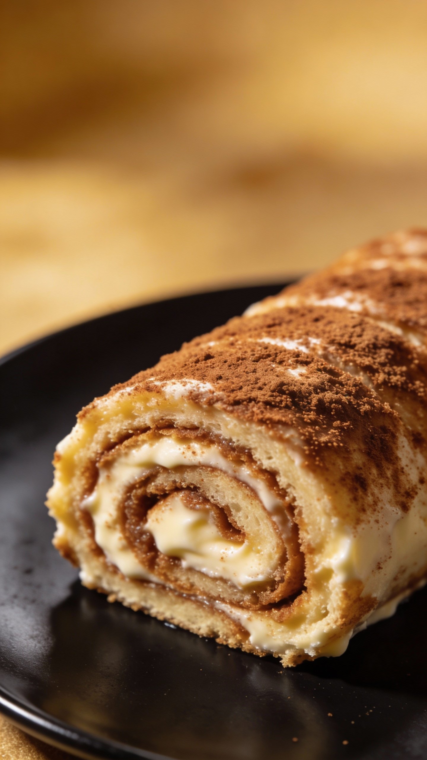 closeup keto cinnamon cheesecake roll-up on matte black plate