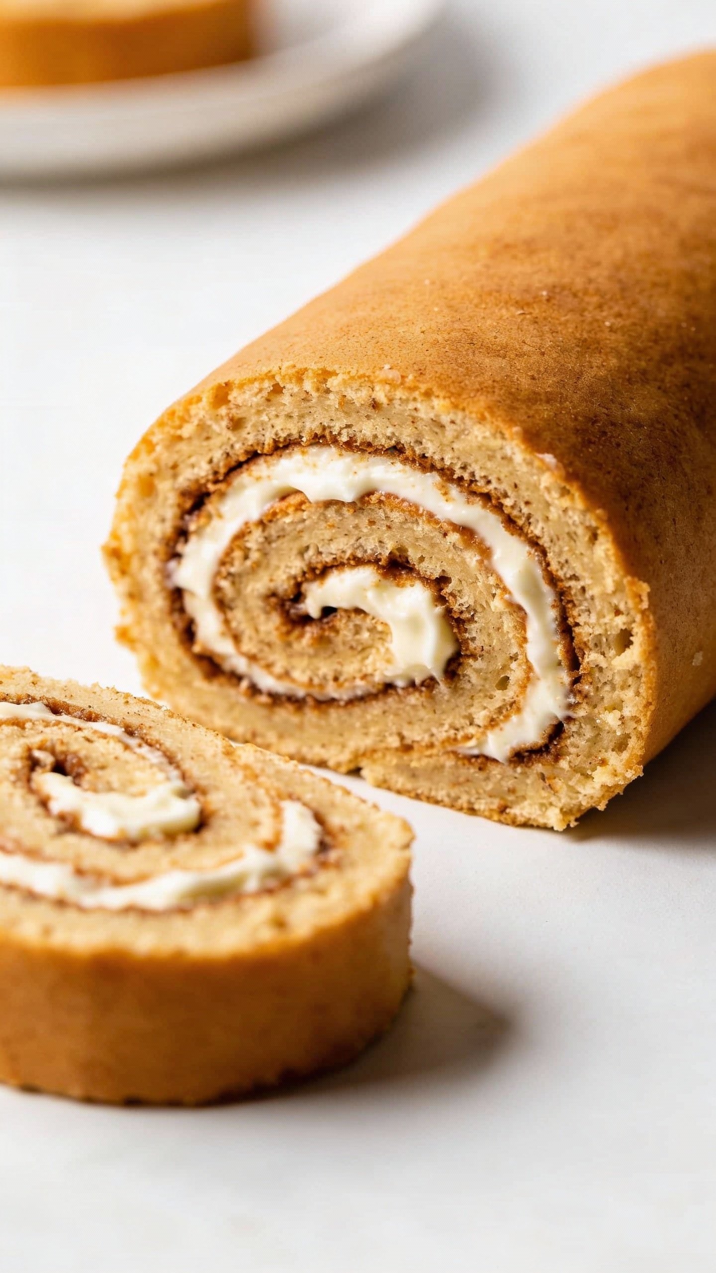 sliced keto cinnamon roll-up showing cream cheese swirl, white backdrop