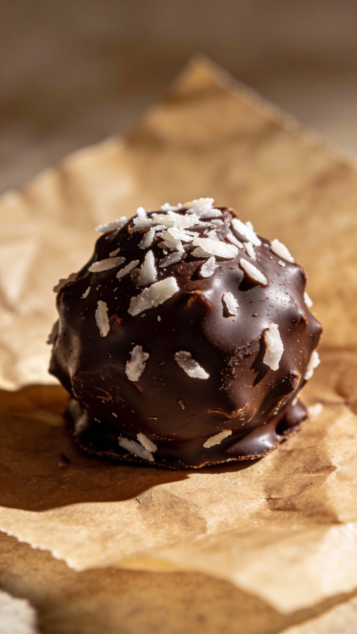 closeup single keto chocolate coconut truffle on parchment