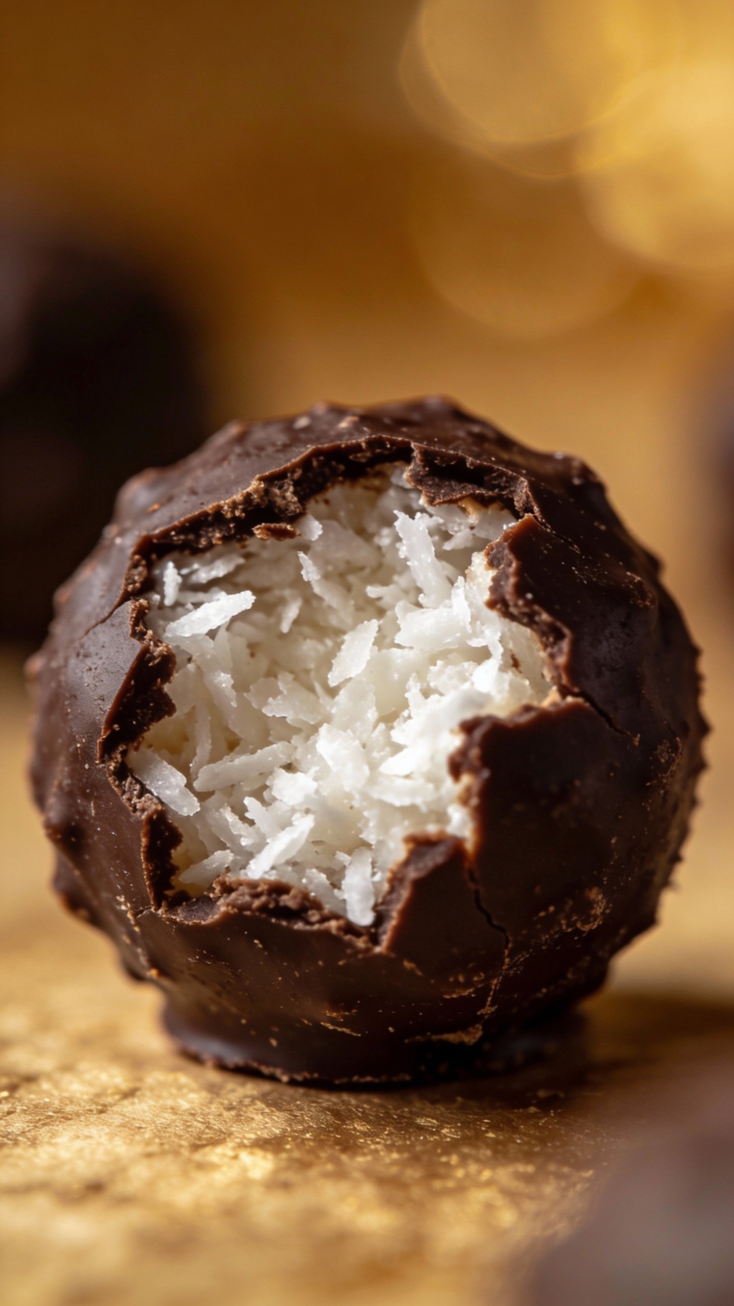 single bitten keto chocolate truffle showing coconut filling, macro