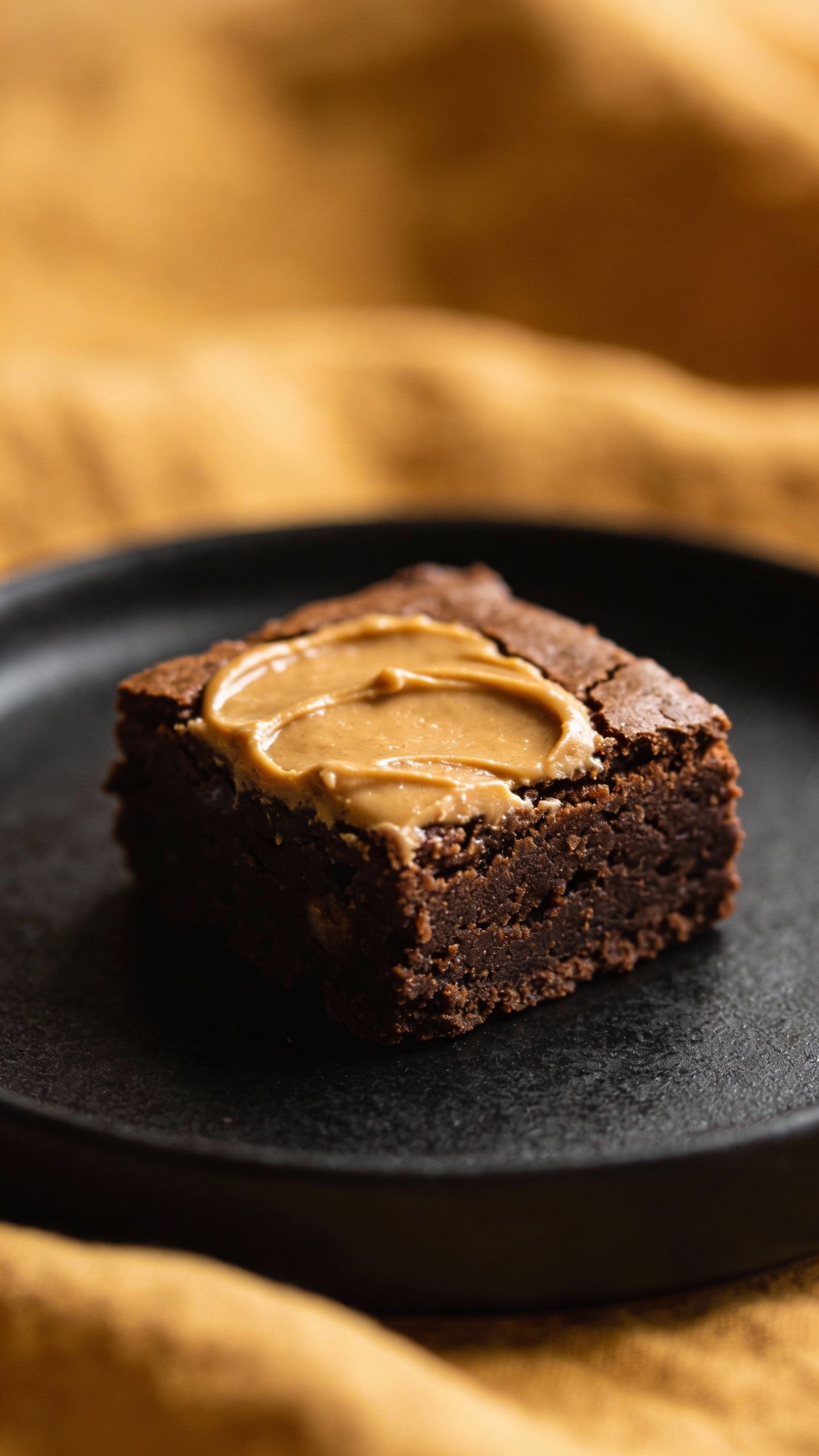 closeup keto peanut butter brownie bite on matte black plate