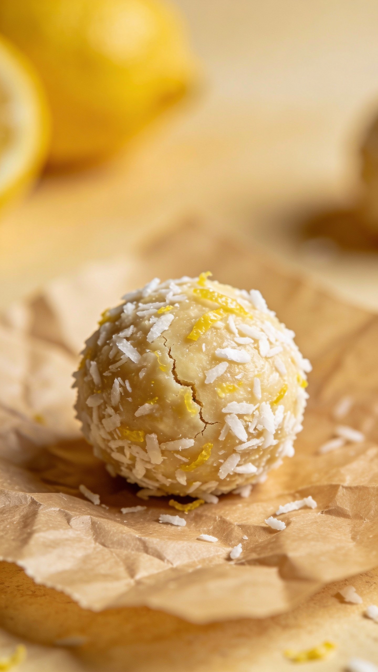 closeup of keto lemon coconut bliss ball on parchment