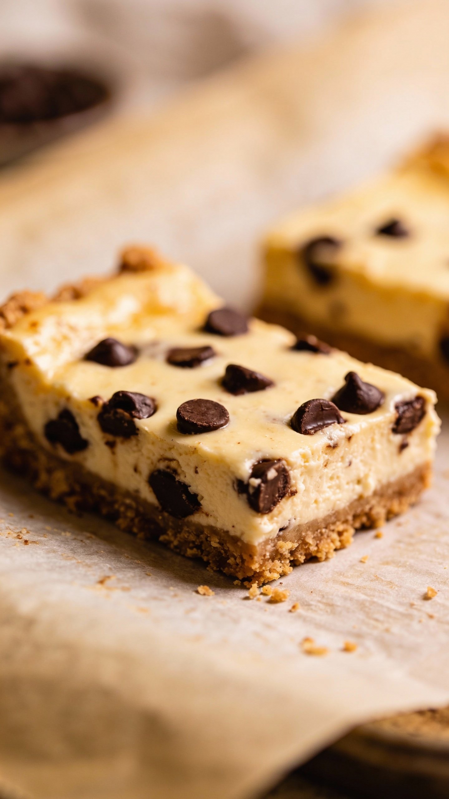 closeup keto chocolate chip cheesecake bar on parchment