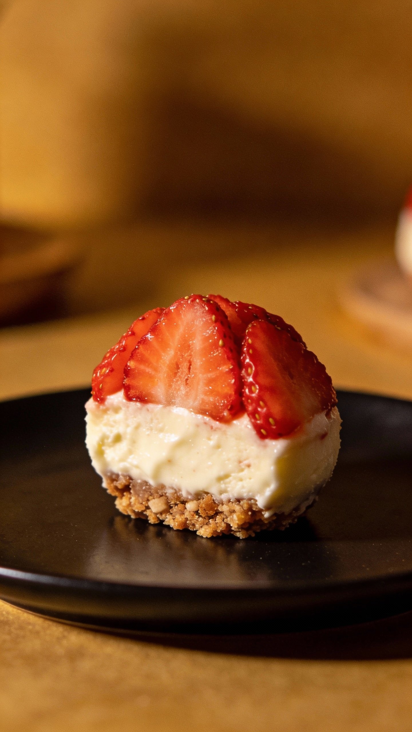 single strawberry cheesecake fat bomb on matte black plate