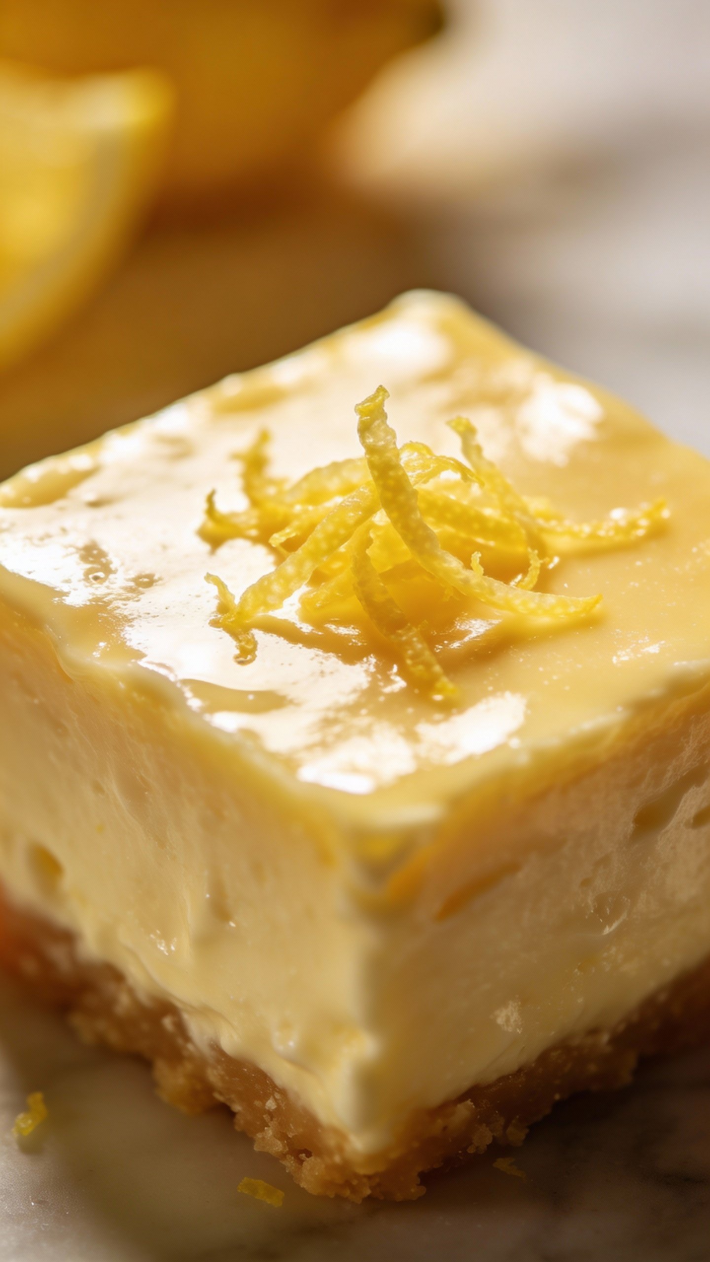 glossy lemon cream cheese square with zest garnish, closeup