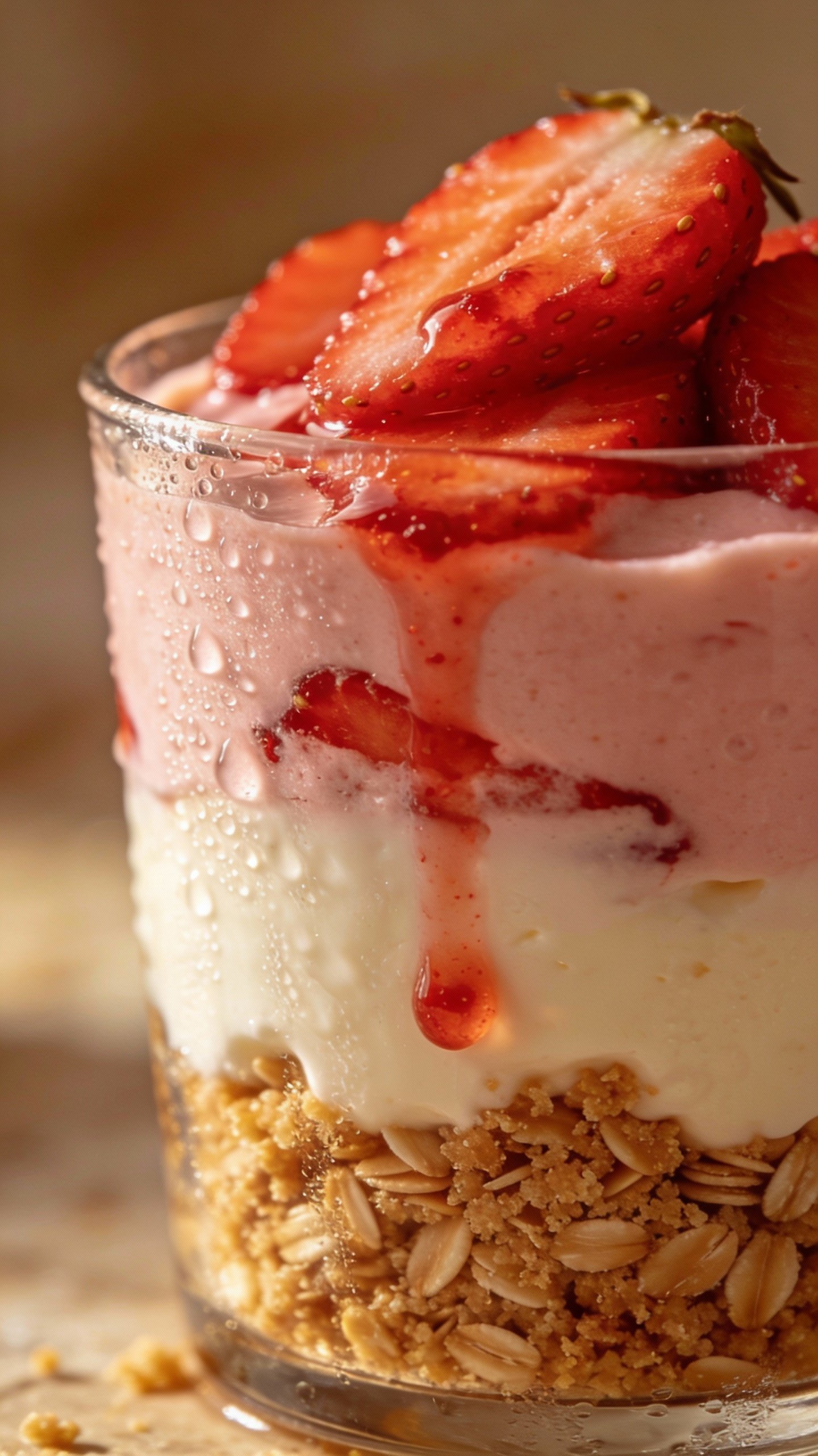 closeup keto strawberry cheesecake cup in glass, almond crust