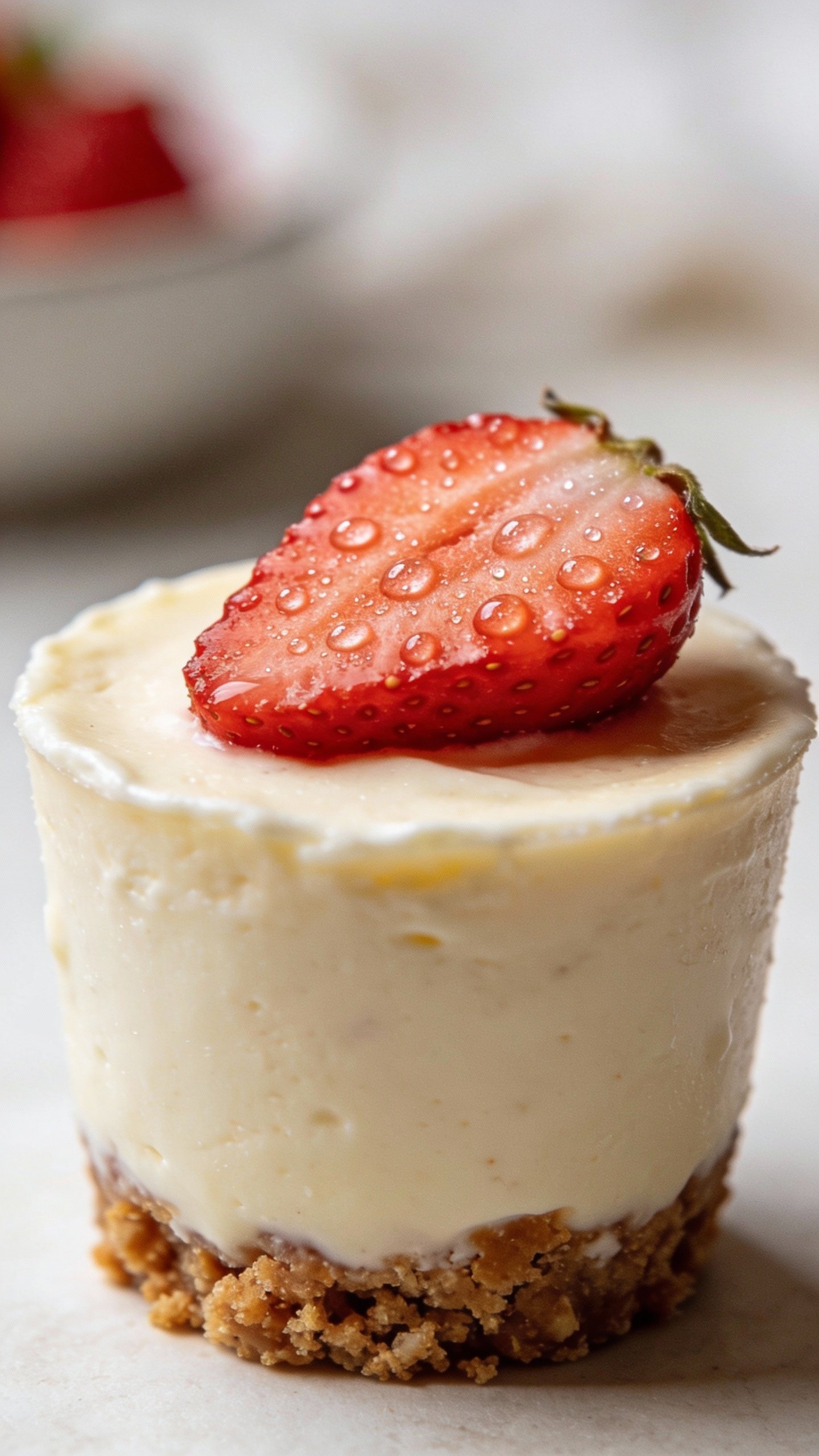 single keto cheesecake cup topped with fresh strawberry slice