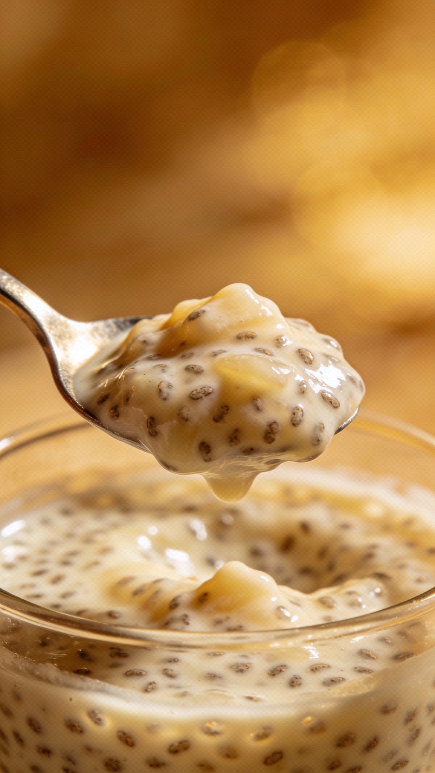 spoonful of vanilla chia pudding, creamy texture, macro shot