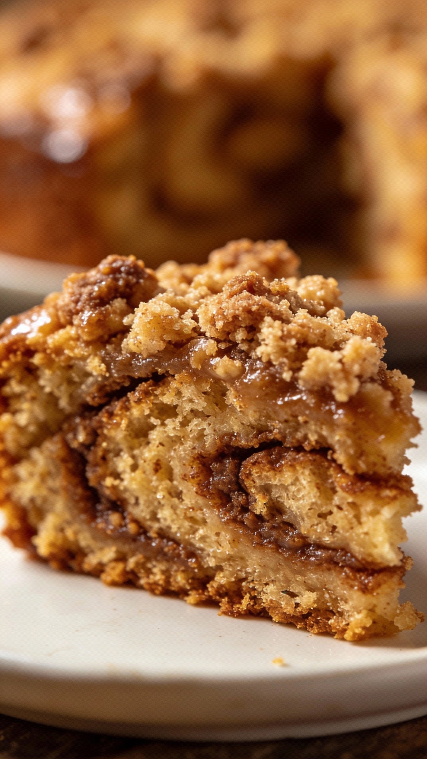closeup slice of keto cinnamon coffee cake on white plate
