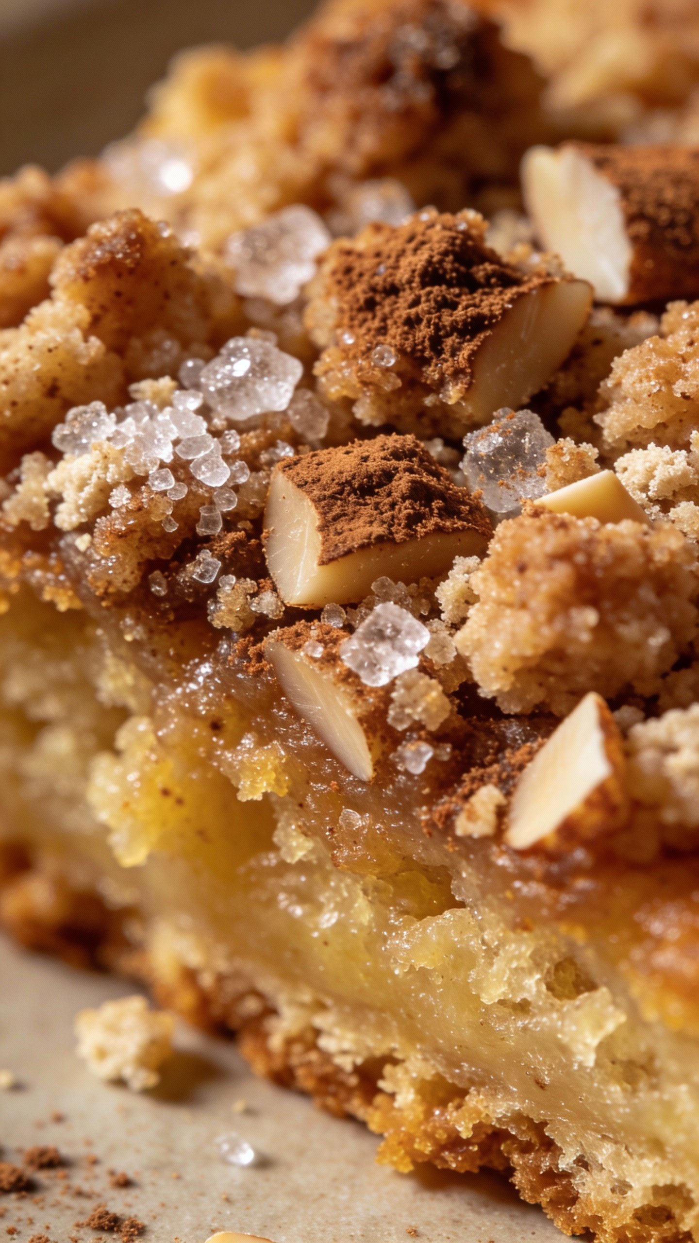 macro shot of cinnamon streusel topping on keto coffee cake