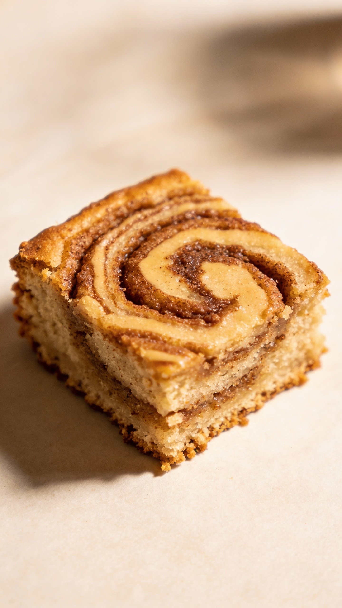 single square of keto coffee cake with visible cinnamon swirl