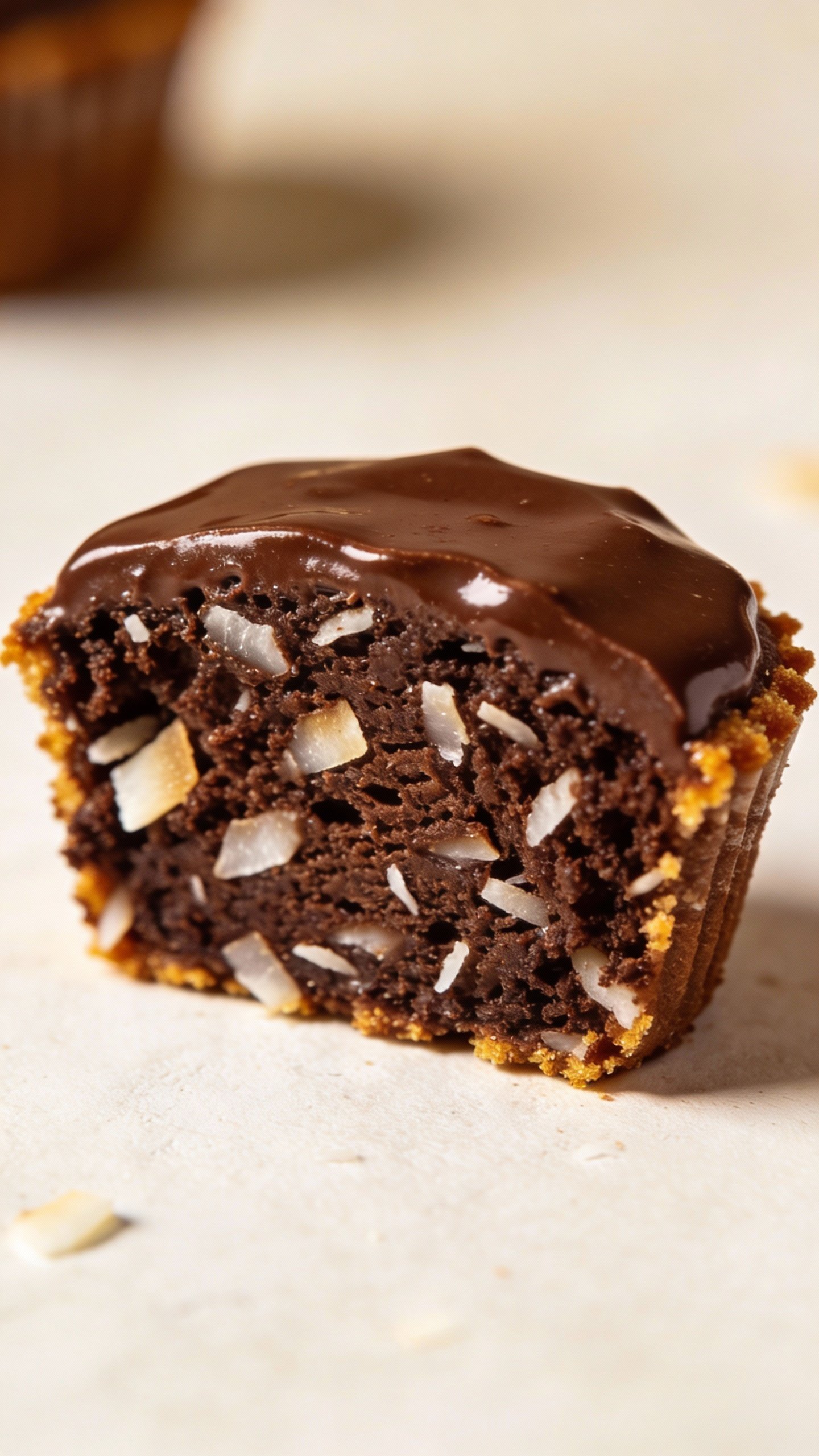 single sliced keto chocolate coconut cupcake showing moist crumb