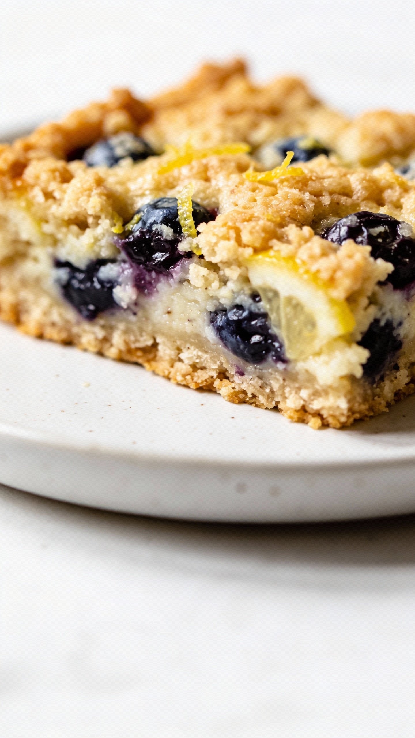 closeup keto lemon blueberry bar on white ceramic plate