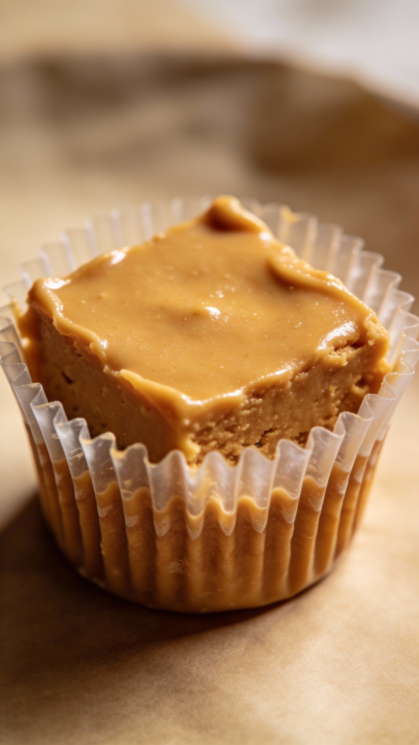 closeup keto peanut butter fudge cup in silicone liner