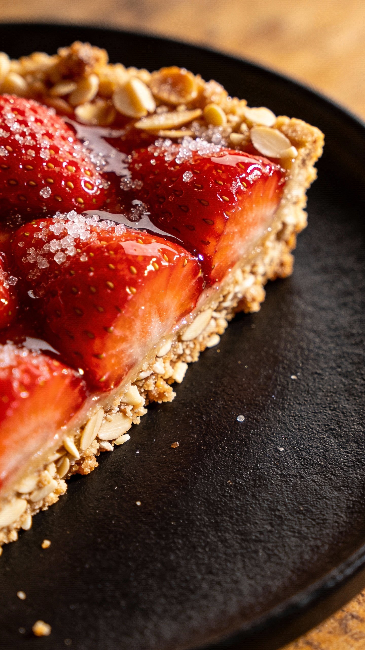 closeup keto strawberry almond tart slice on matte black plate
