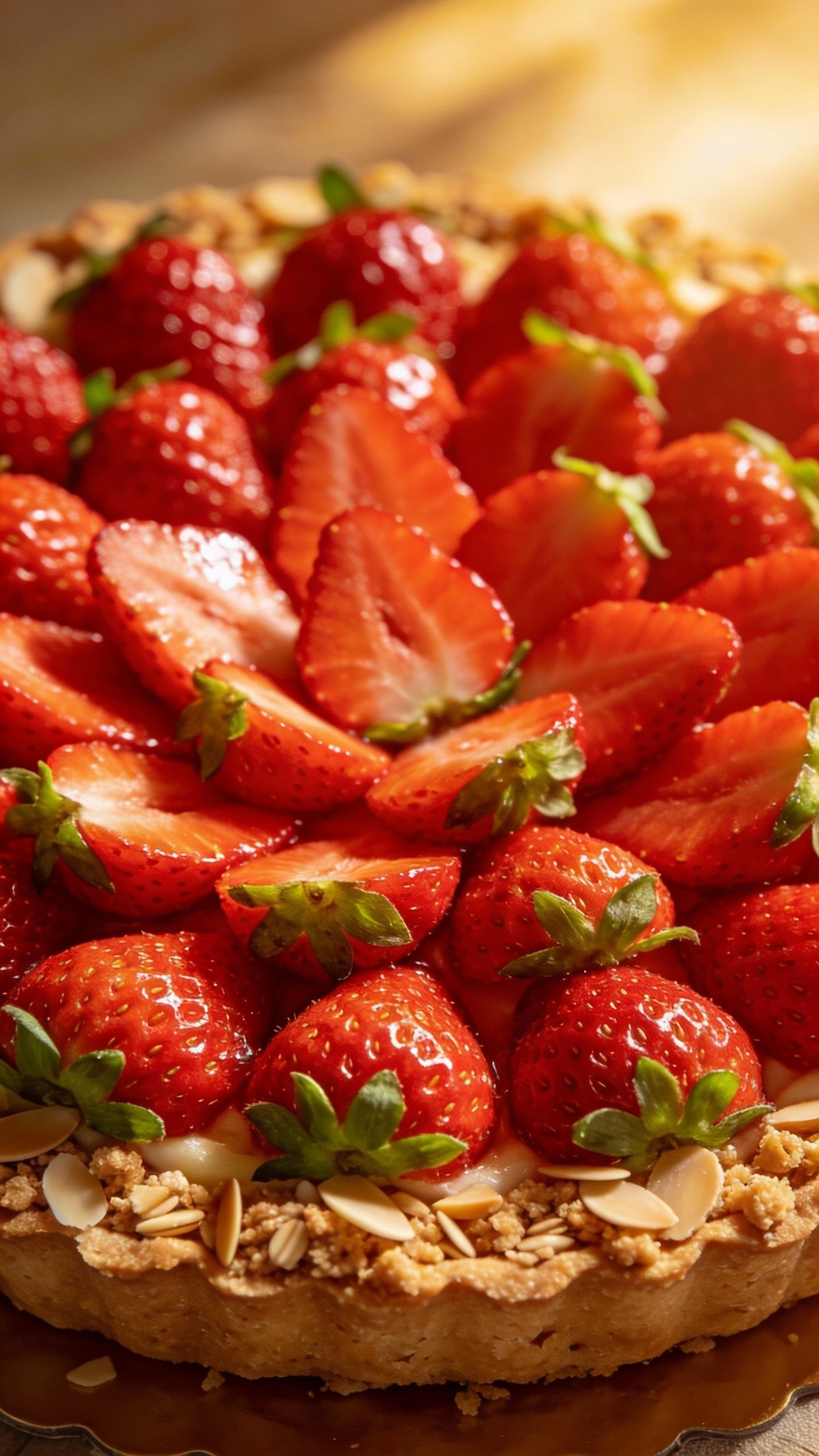 glossy fresh strawberry fan topping on almond crust tart