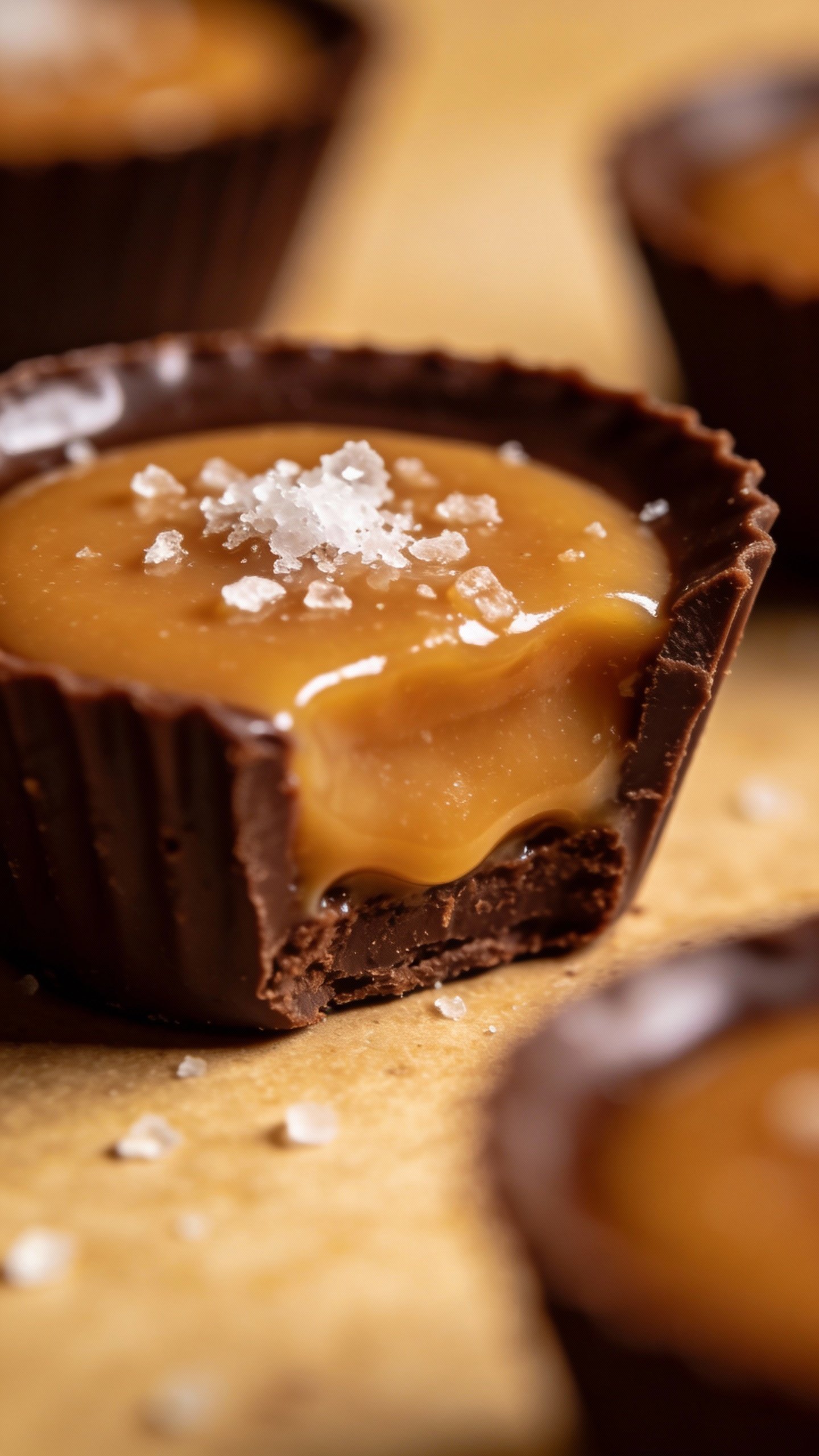 closeup keto chocolate caramel cup with flaky sea salt