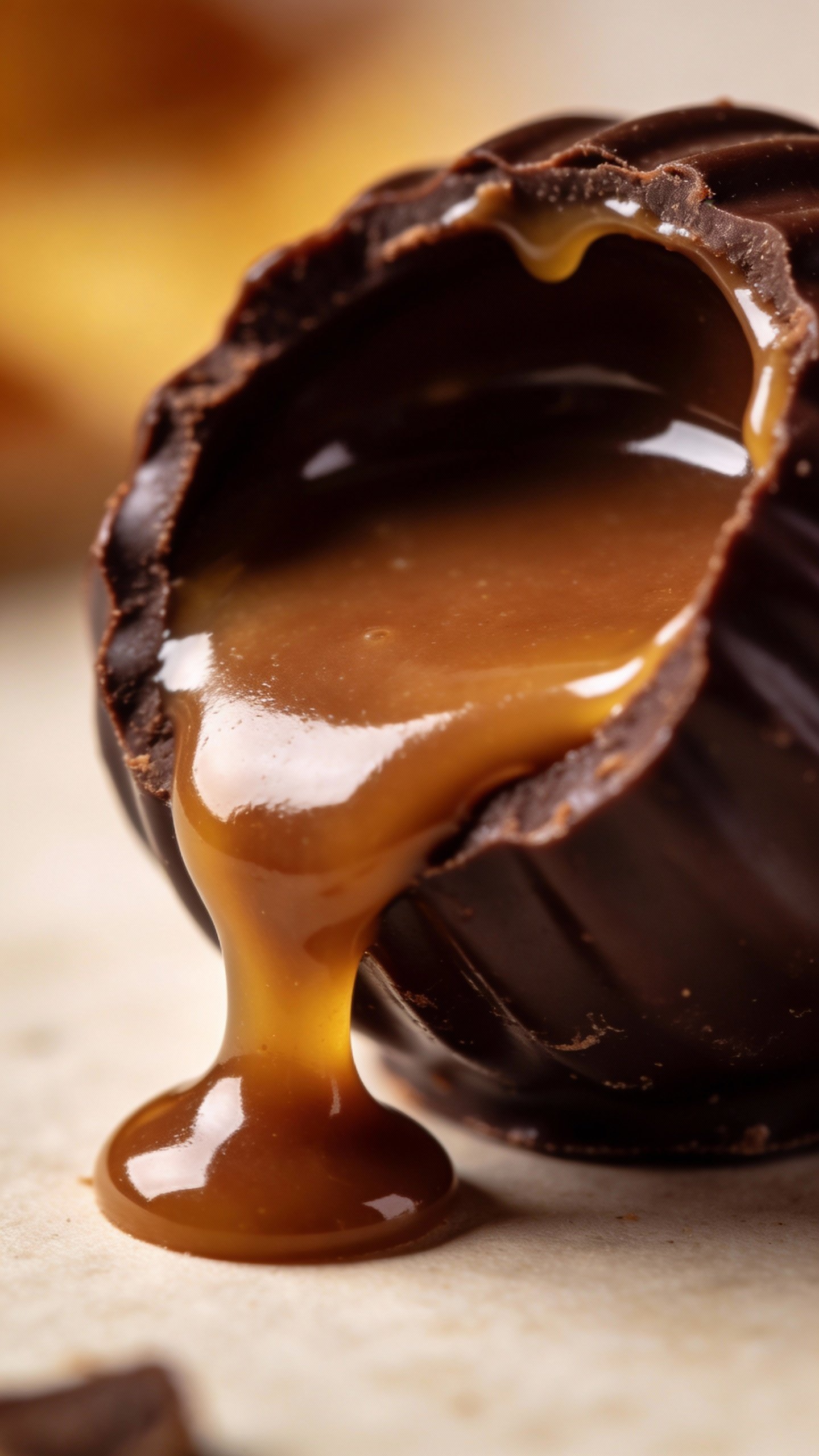macro shot of glossy dark chocolate shell with caramel drip