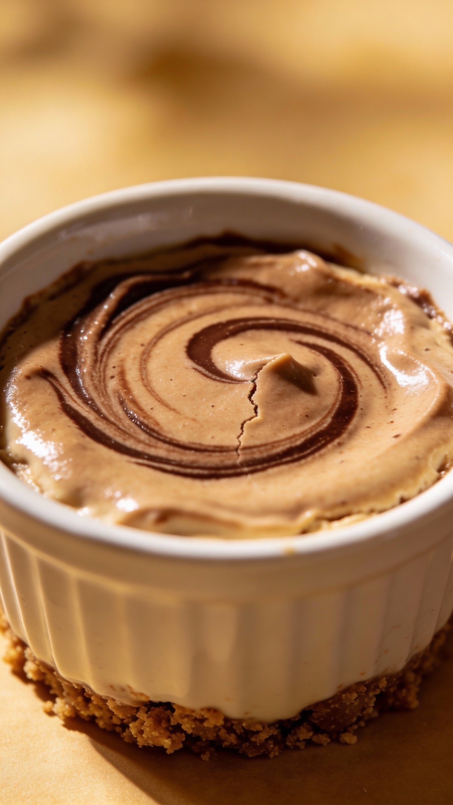 closeup keto mocha cheesecake cup in white ramekin