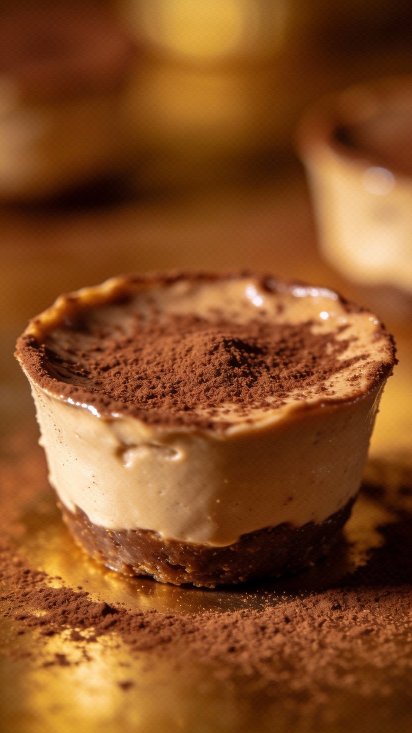 single keto mocha cheesecake cup topped with cocoa dust