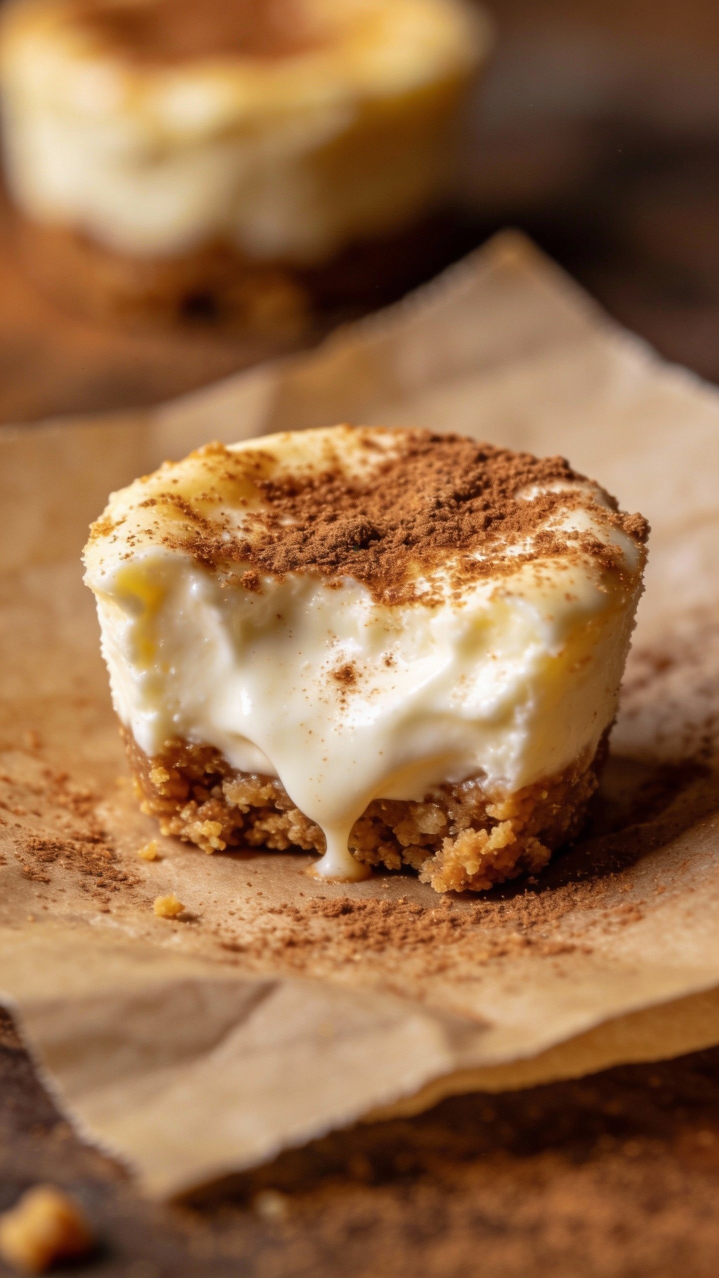 closeup of single keto cinnamon sugar cheesecake bite on parchment