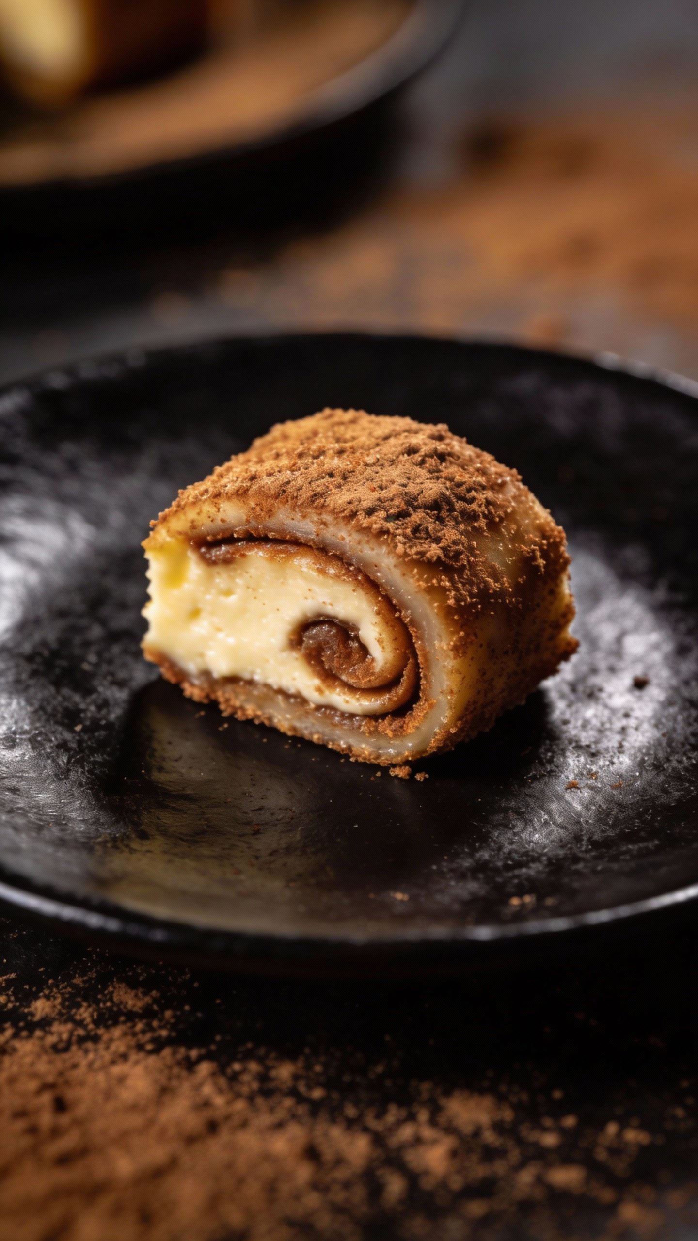 single cheesecake bite rolled in cinnamon “sugar,” matte black plate