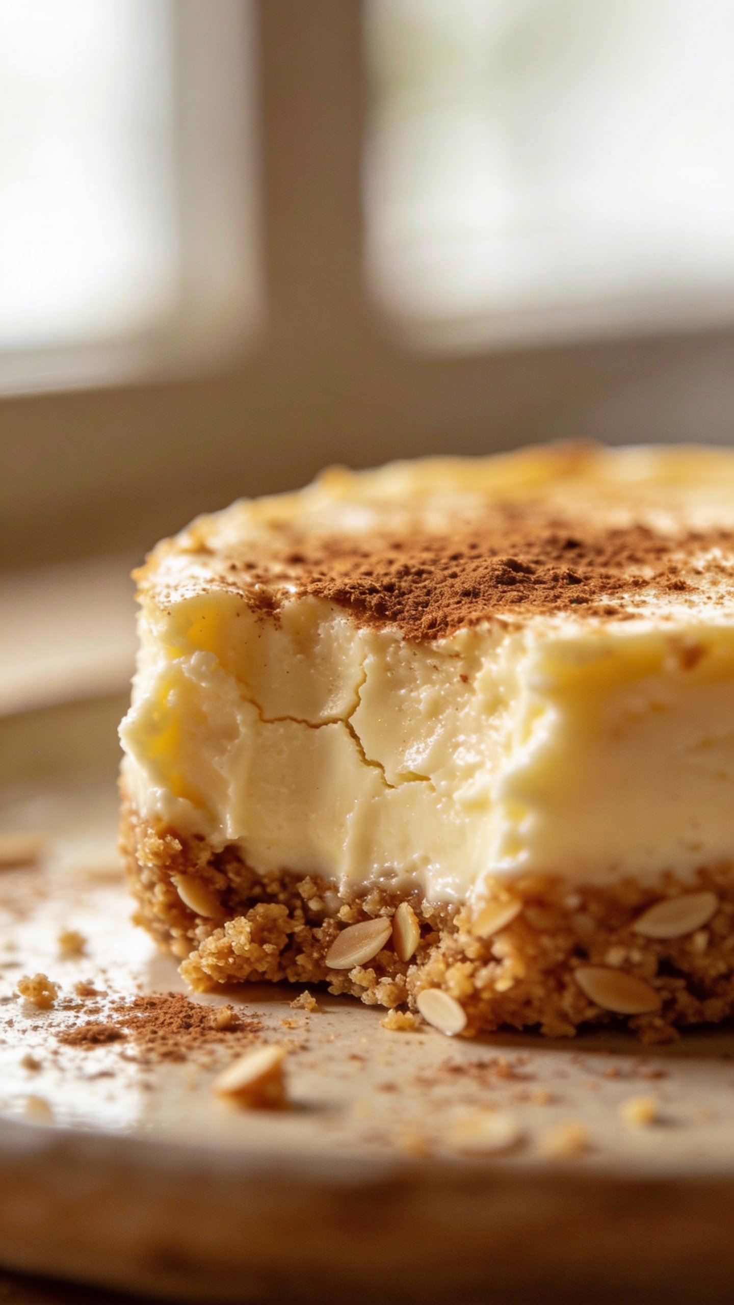 macro of keto cheesecake bite with cinnamon dust, soft window light