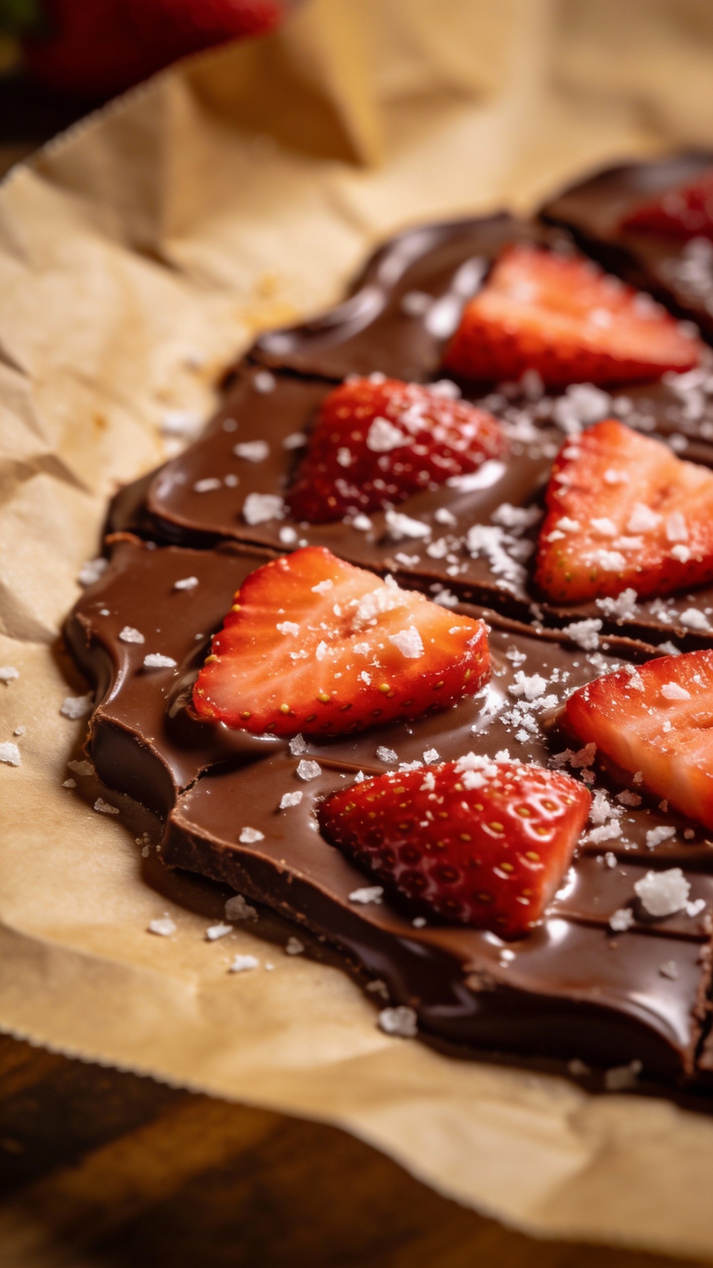 closeup keto strawberry chocolate bark on parchment, sea salt flakes