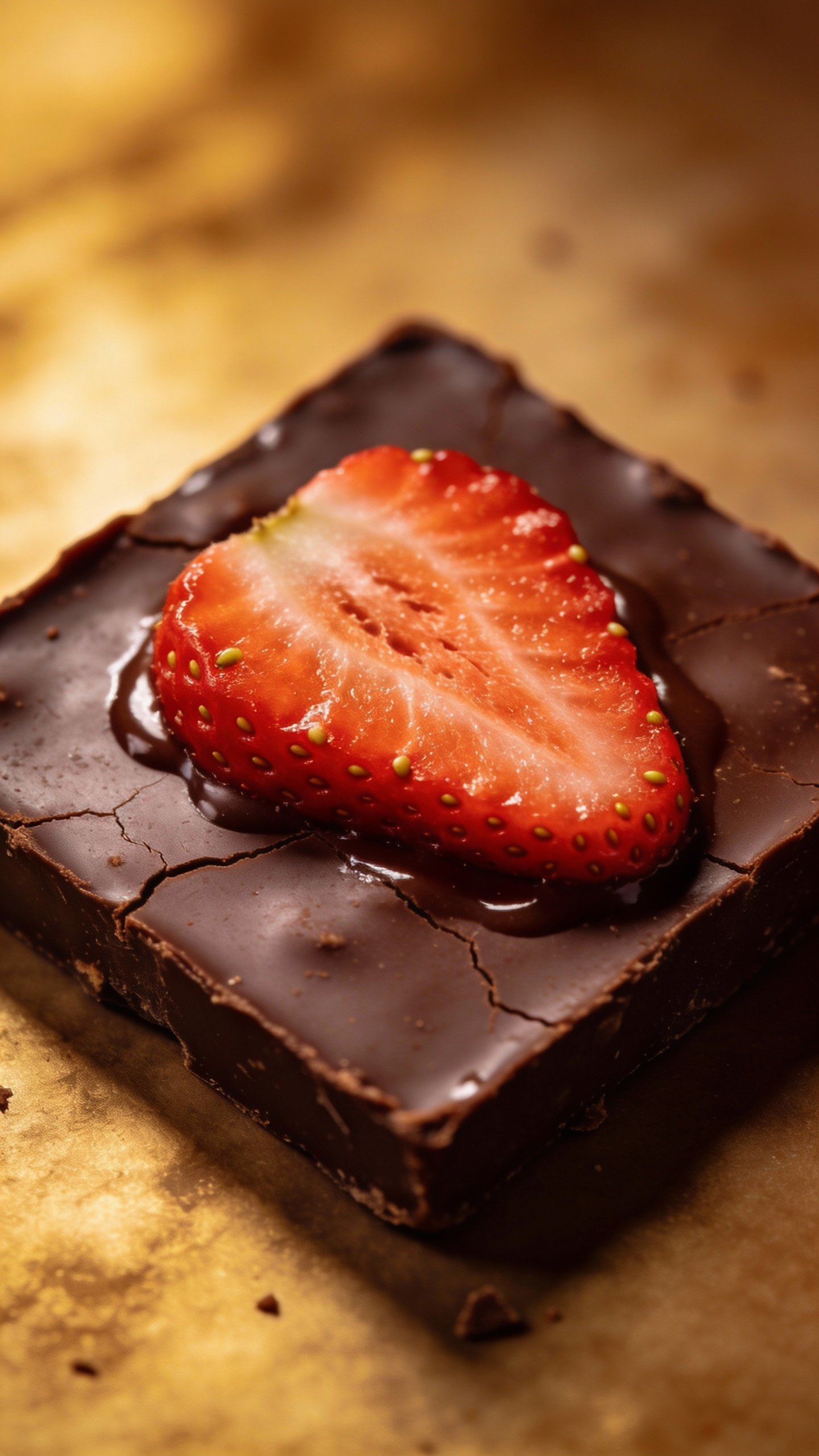 single square of dark keto bark with strawberry slice, macro