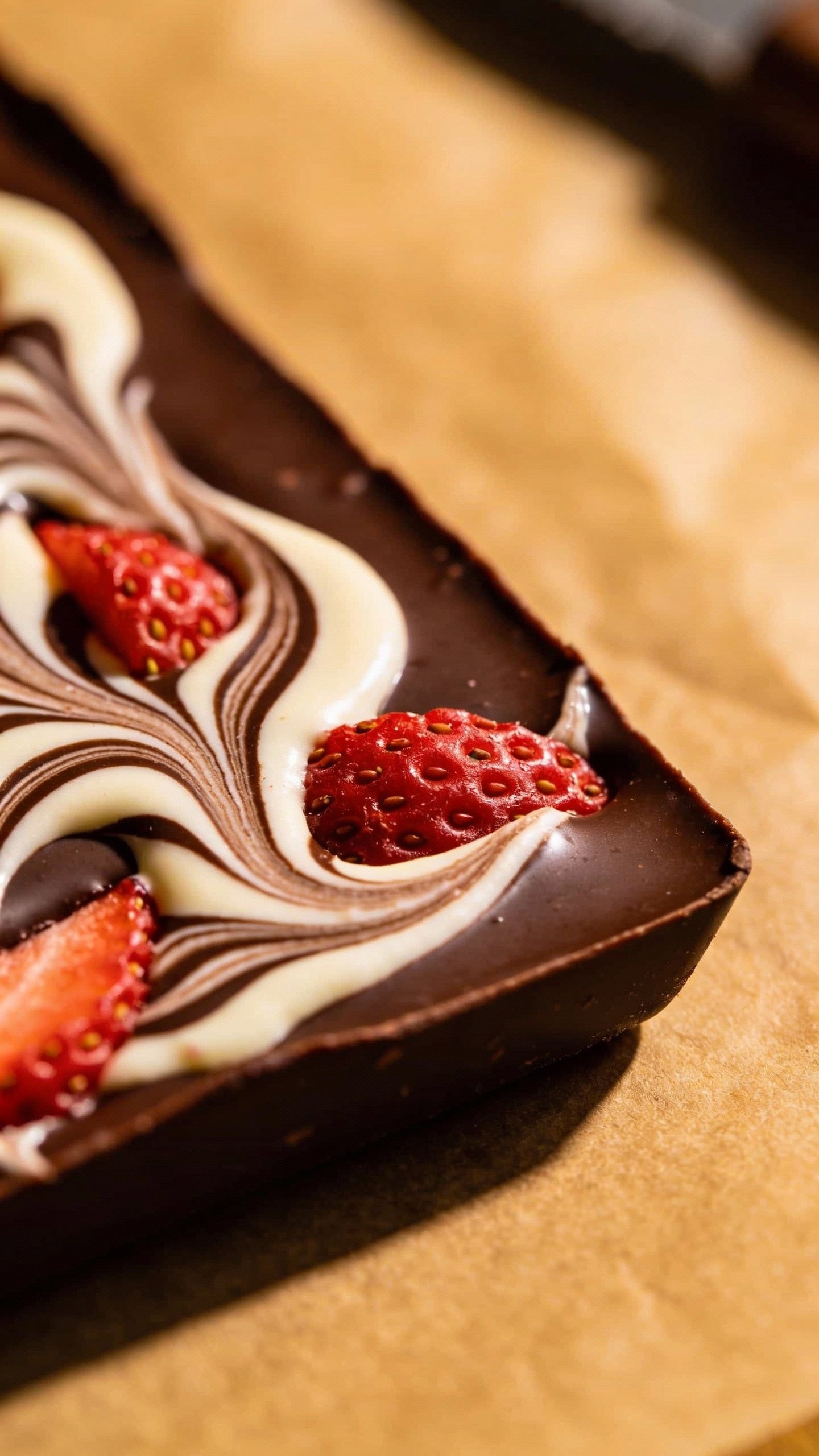 keto chocolate bark corner with creamy swirl, strawberry seeds visible