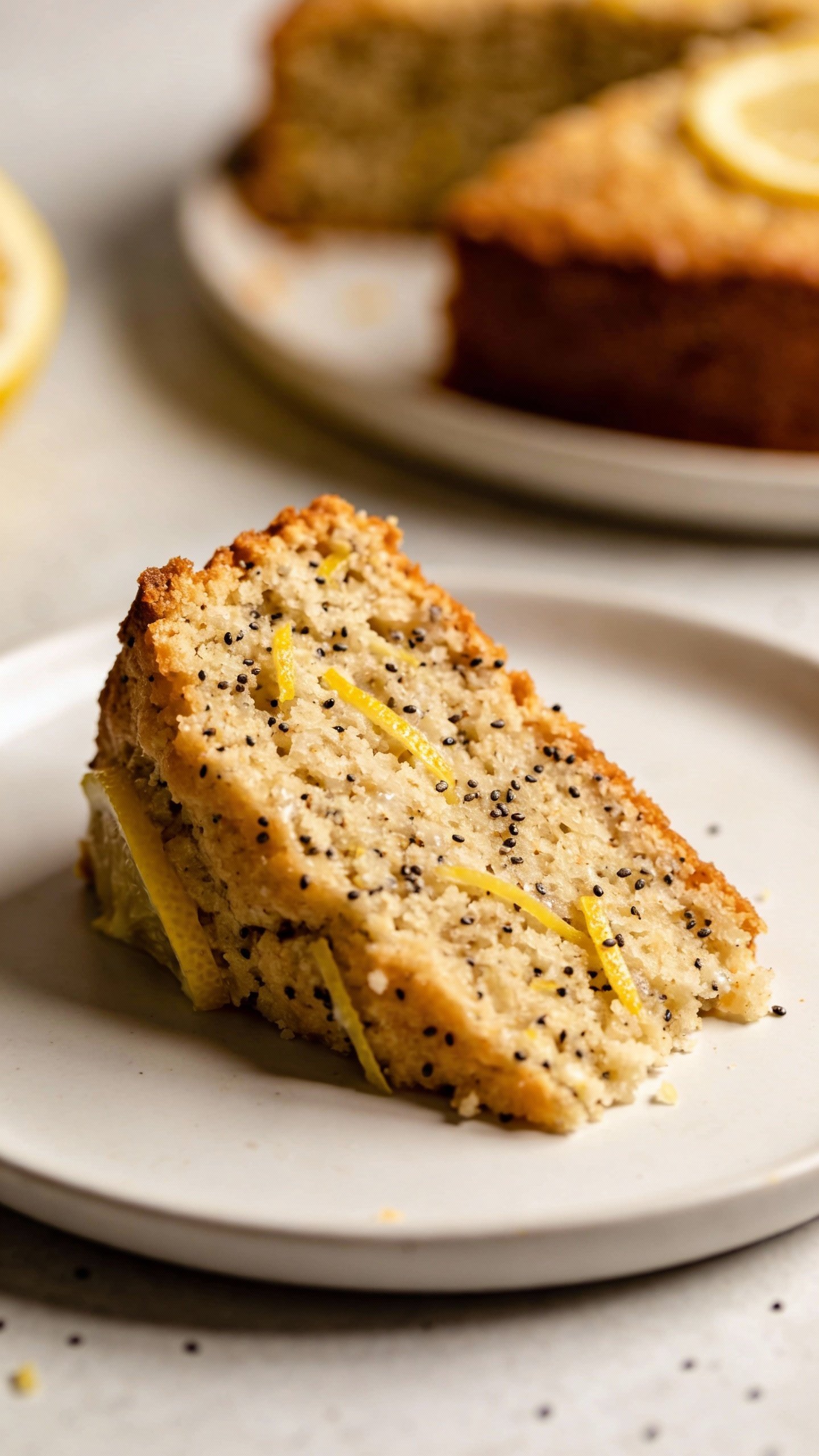 closeup slice of keto lemon poppy seed cake on white plate