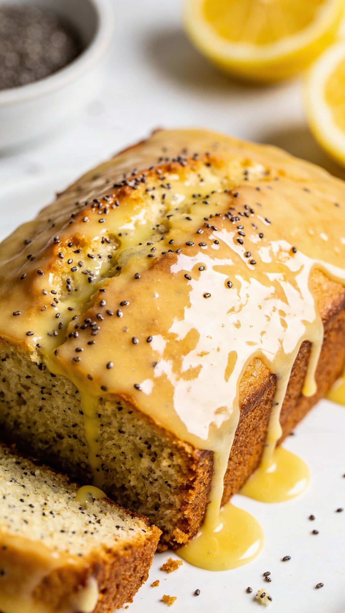 overhead keto lemon poppy seed loaf with glossy lemon glaze