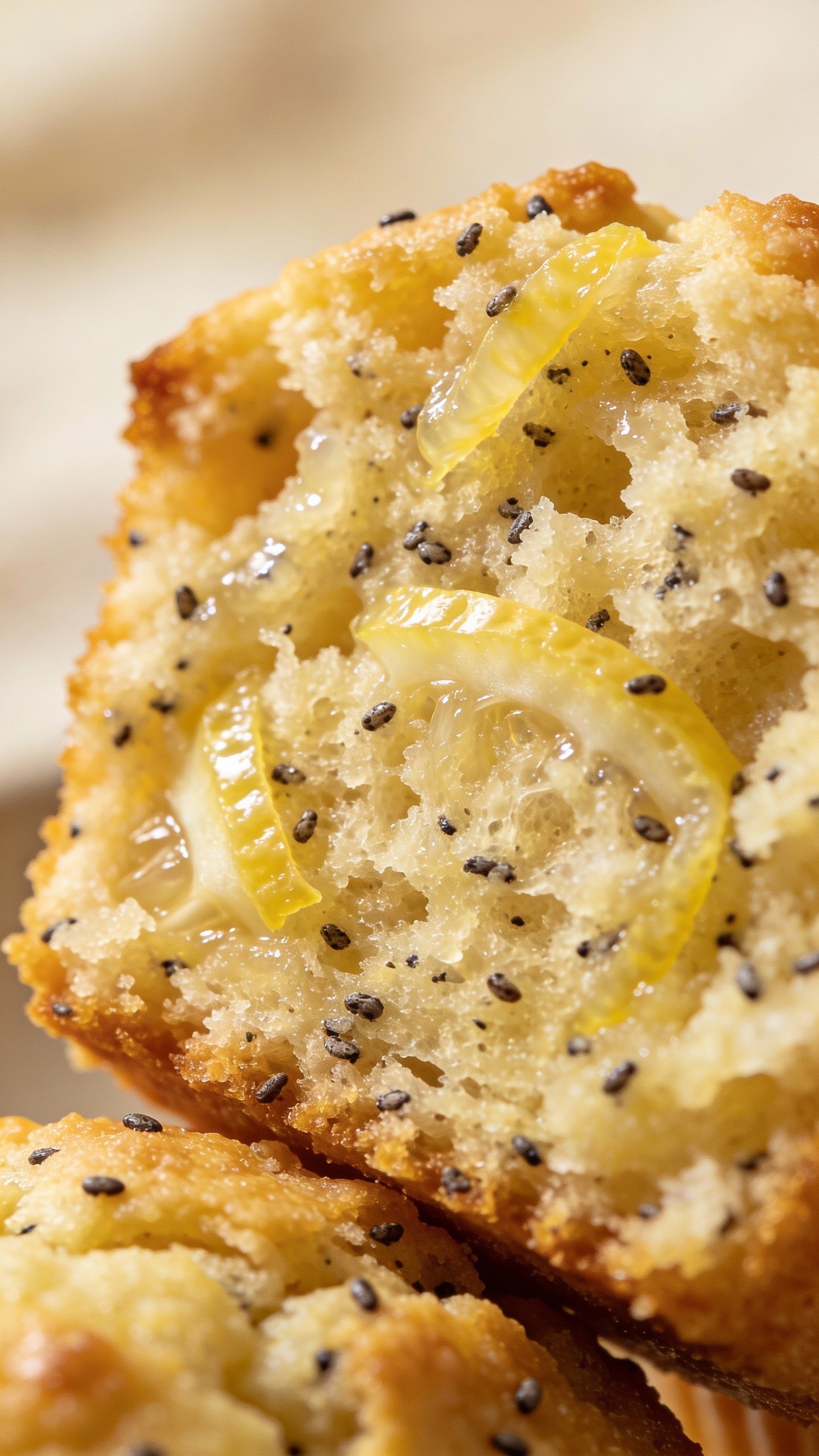 macro shot of moist crumb keto lemon poppy seed muffin