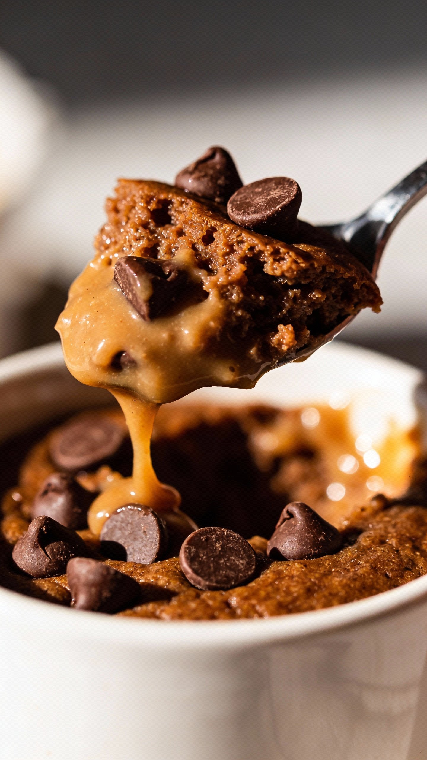 Spoonful of gooey keto mug cake with melty chips, macro