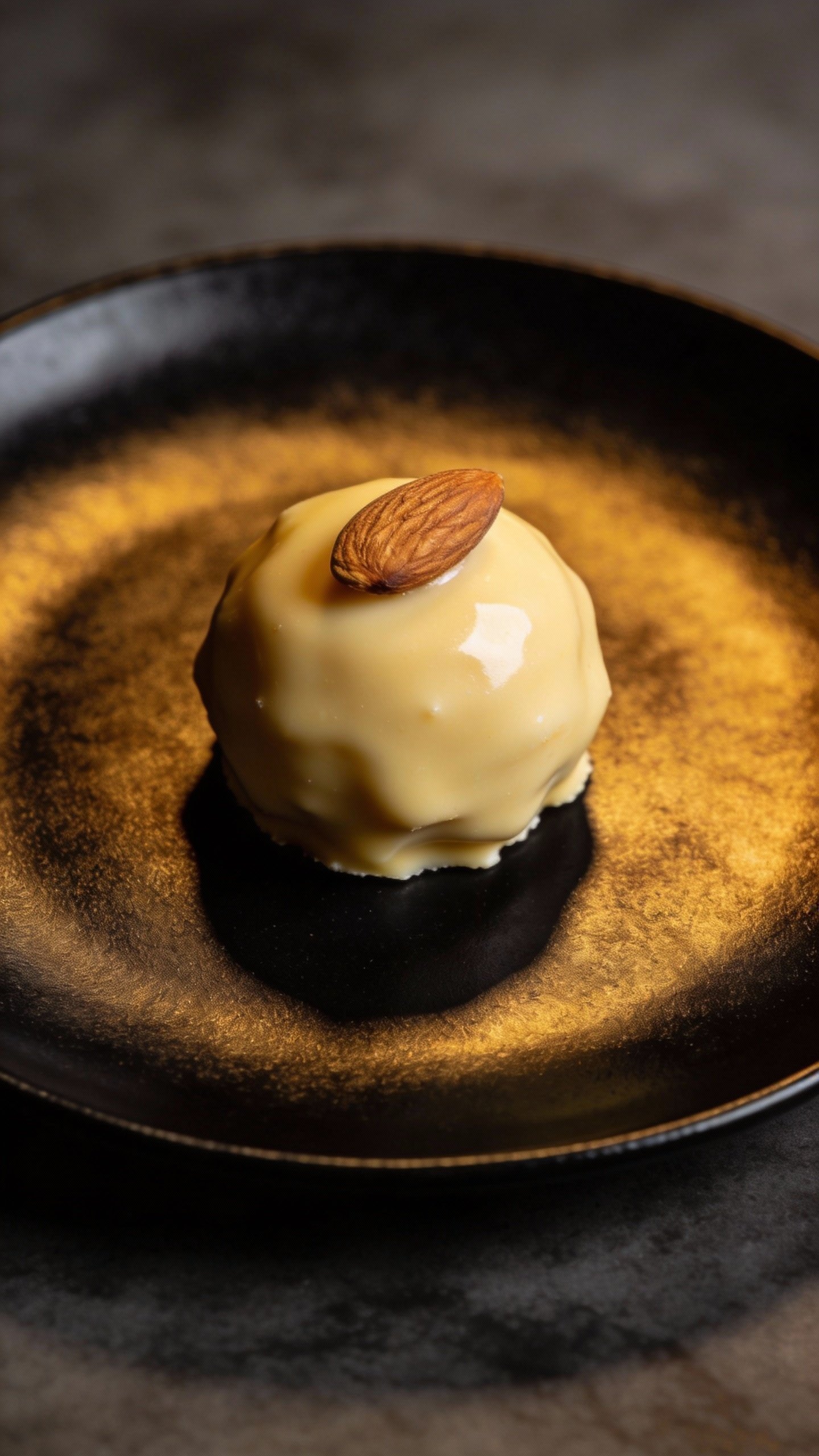 single almond-topped fat bomb on matte black plate