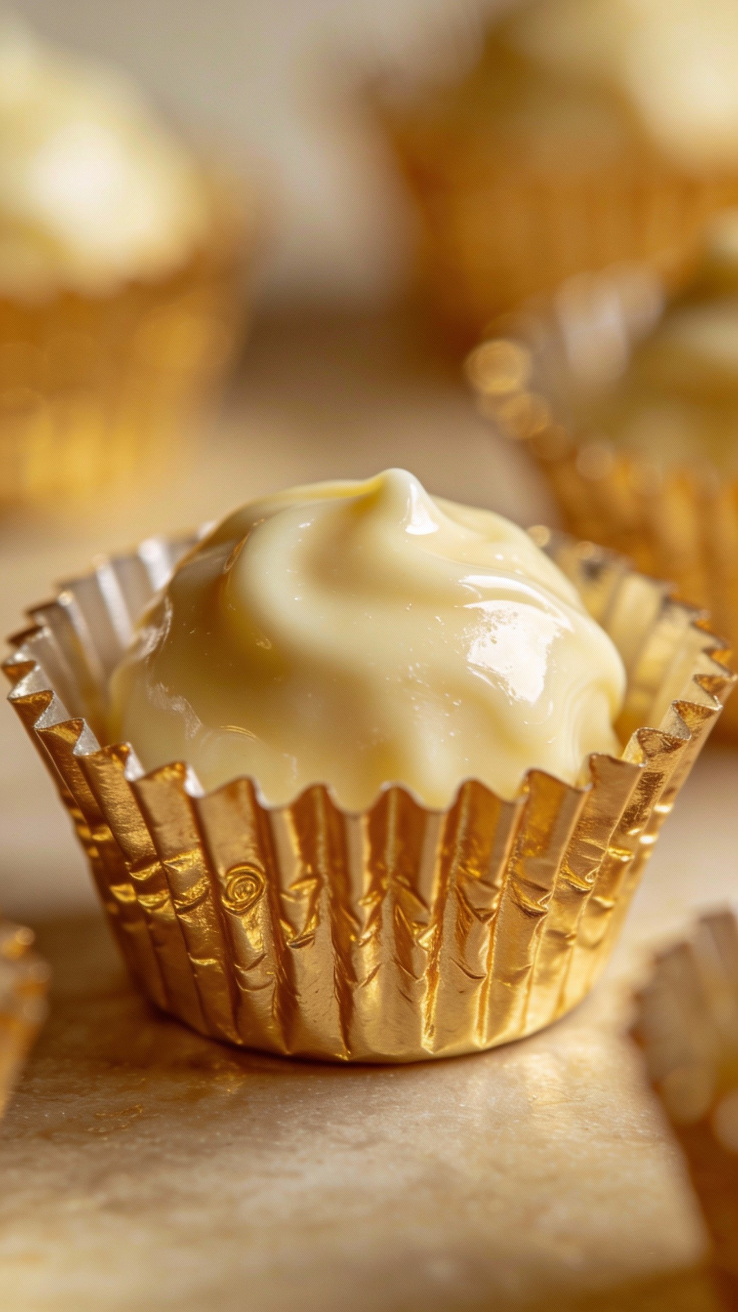 creamy vanilla fat bomb in gold foil liner, macro shot