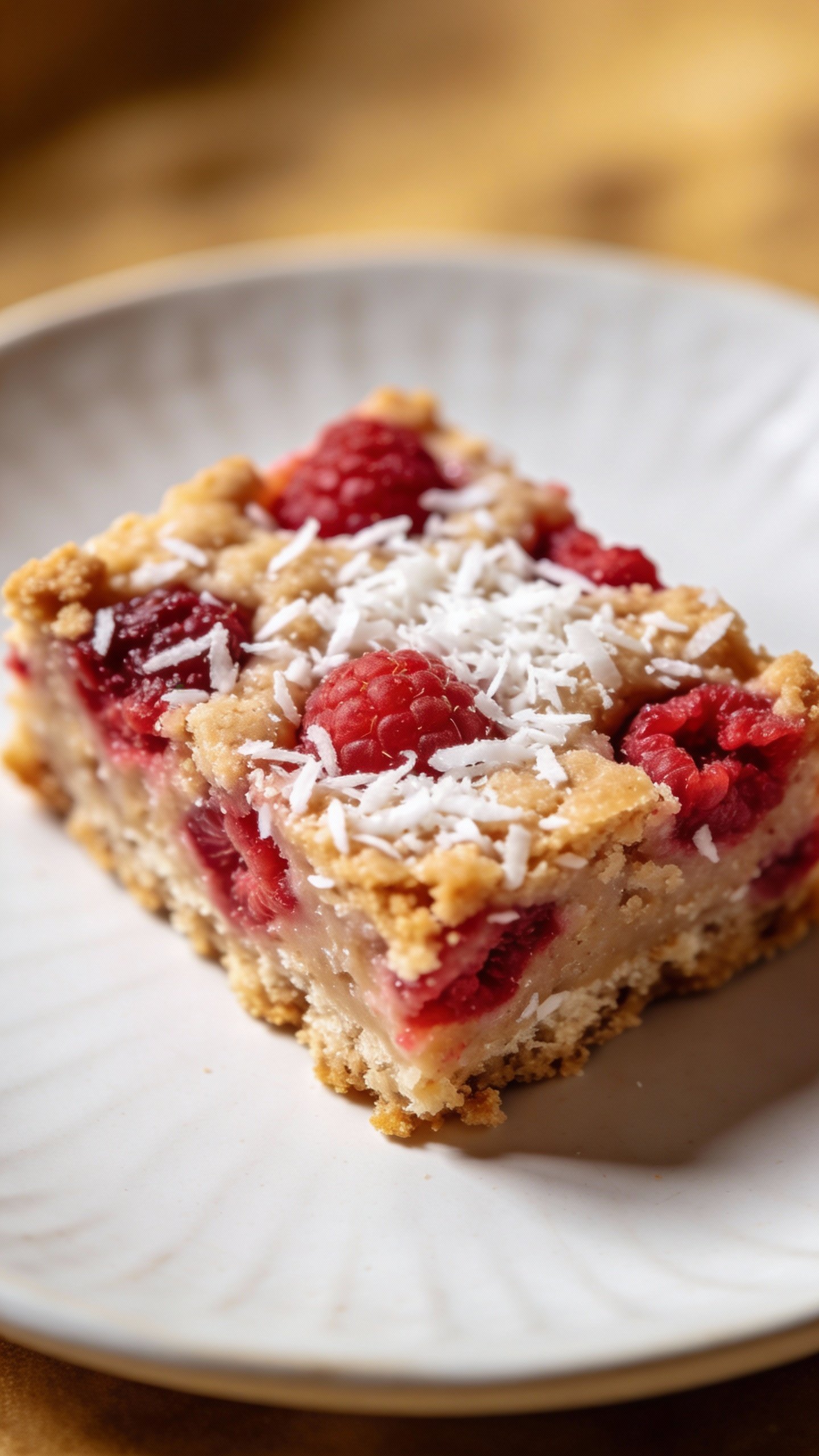 closeup keto raspberry coconut bar on white ceramic plate